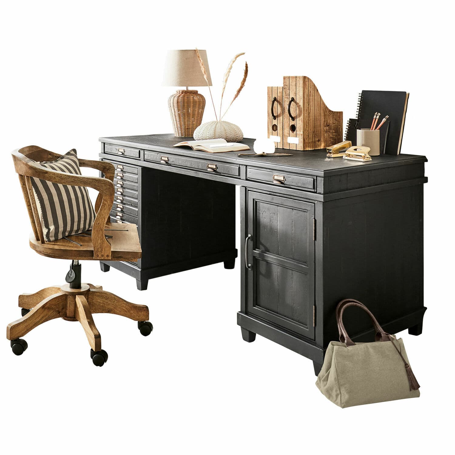 Escritorio Brevilliers Escritorio de madera negra con cajones y accesorios naturales, muebles elegantes para oficina en casa