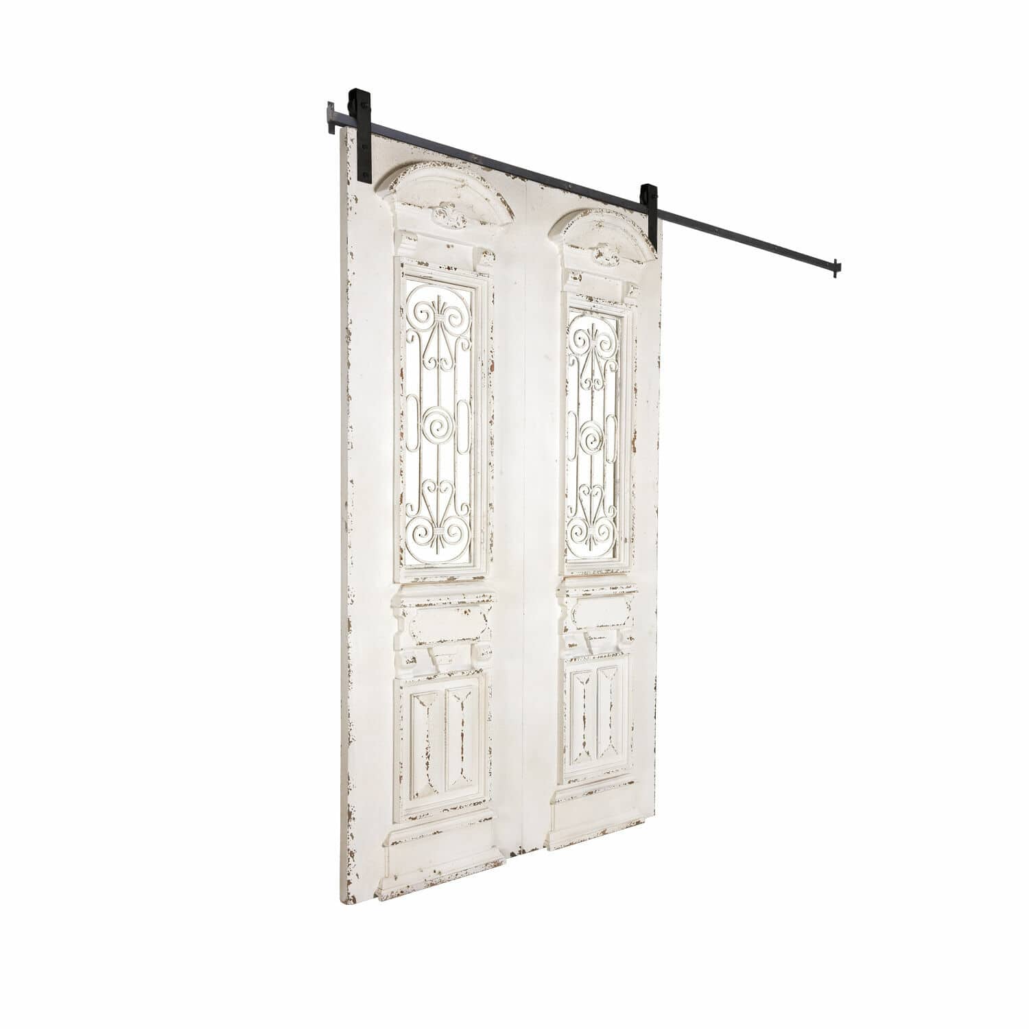 Puerta corredera Maltano Puerta corredera blanca envejecida con adornos metálicos y riel negro de metal