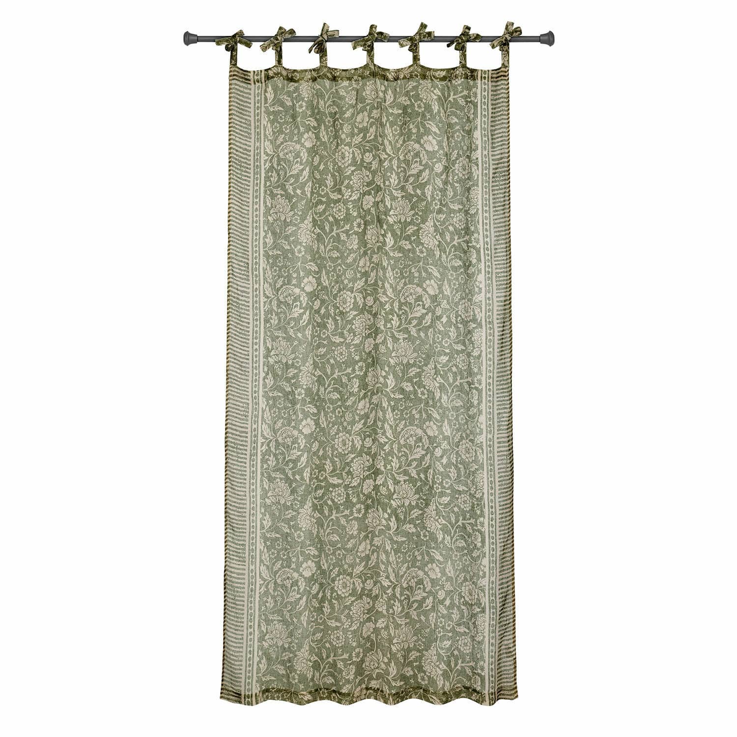 Cortina Ovixal Cortina verde de algodón con diseño floral y lazos para colgar, decoración para ventana