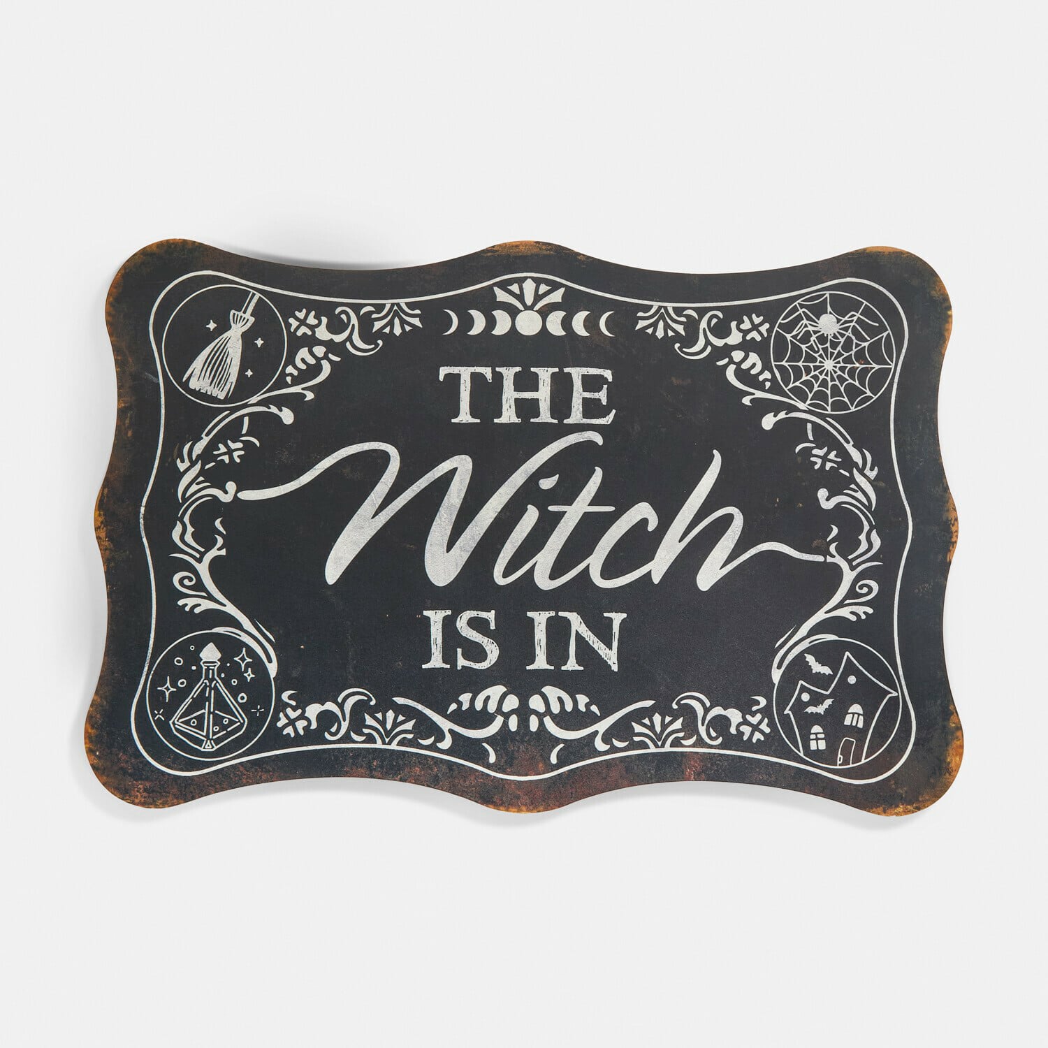 Tablero decorativo Talmora Cartel decorativo negro de metal con texto The Witch Is In y motivos de Halloween