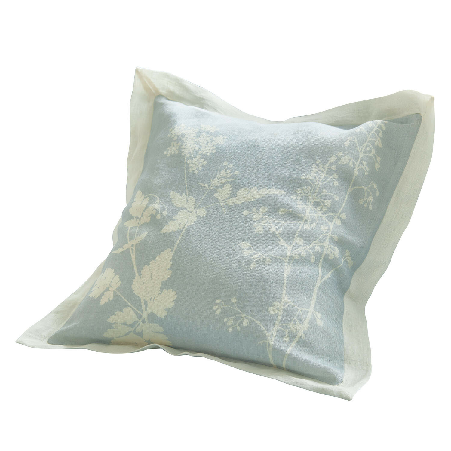 Funda de cojín Hazelwick Cojín de lino azul claro con diseño floral blanco y borde crema para decoración de interiores elegante