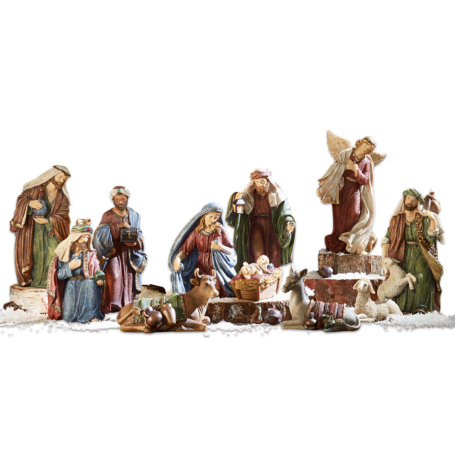 Juego de 12 figuritas de cuna Christi Conjunto de figuras de pesebre de madera en colores naturales con personajes y animales sobre nieve