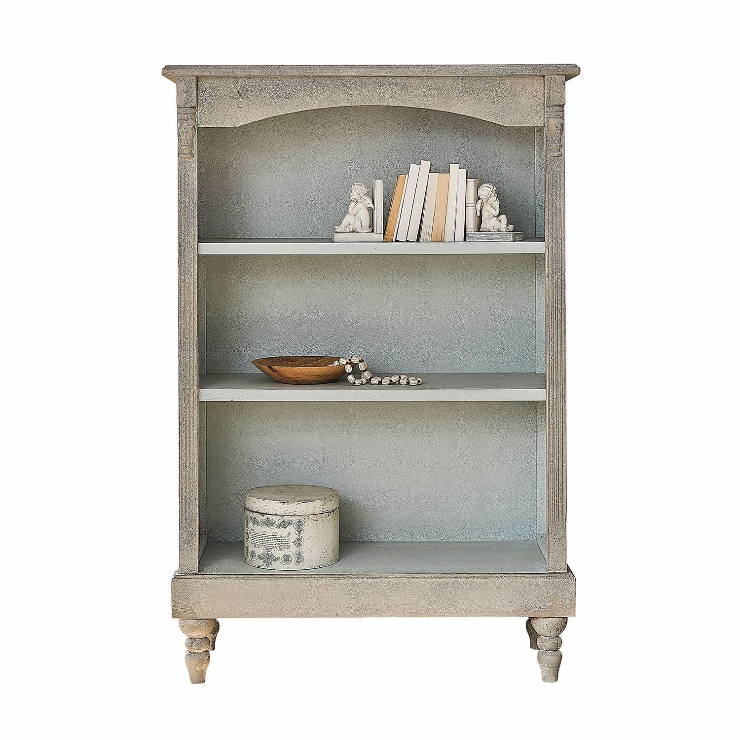 Estantería Arterton Estantería de madera gris con dos baldas, decorada con libros y adornos, mueble para salón