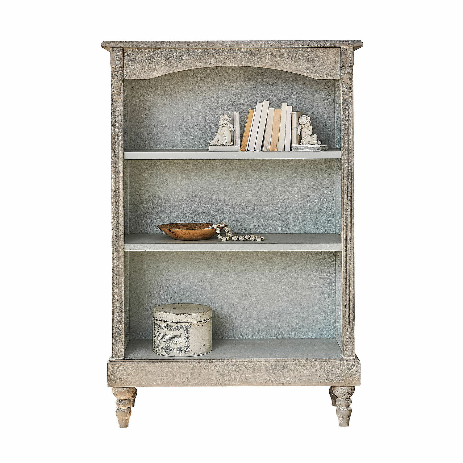 Estantería Arterton Estantería de madera gris con dos baldas, decorada con libros y adornos, mueble para salón