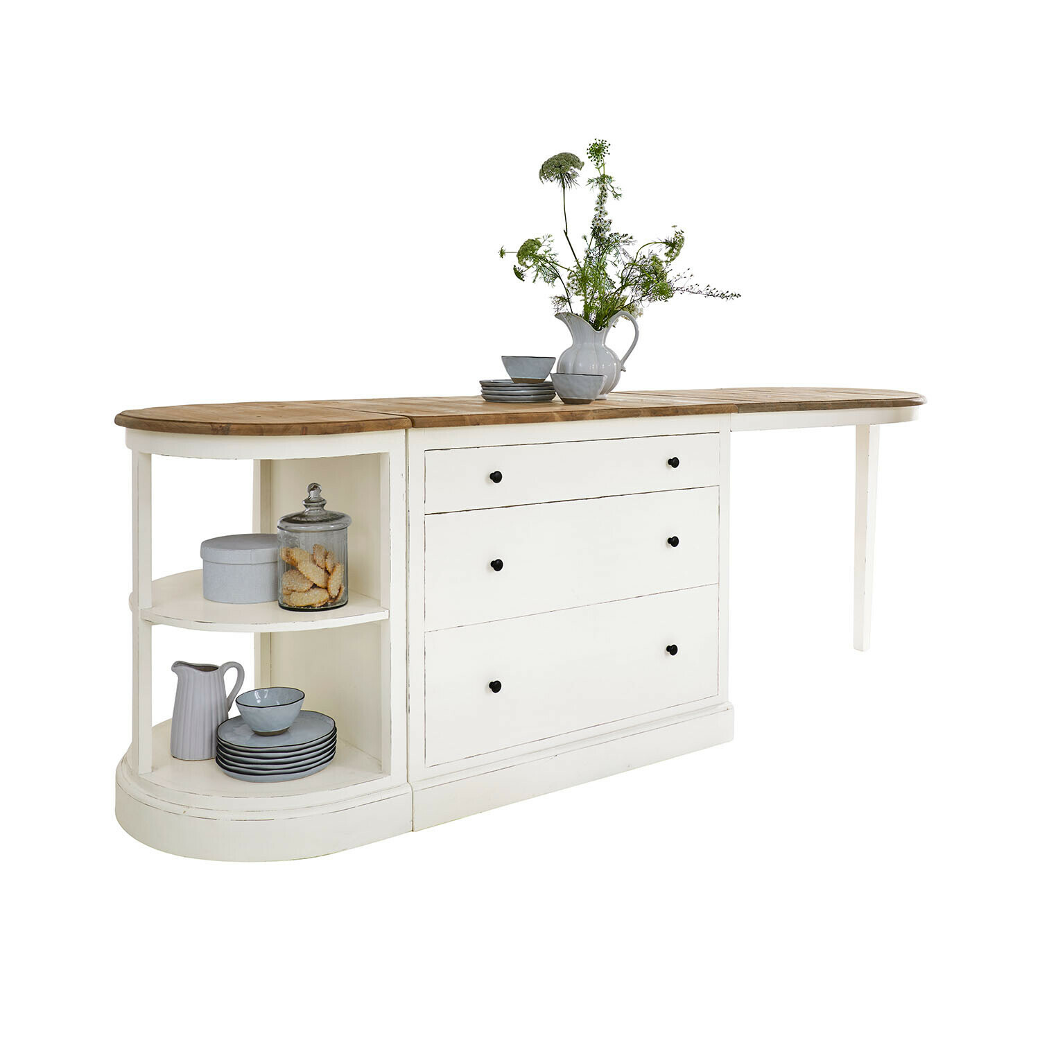 Módulo de cocina Louisiana Mesa de madera blanca con cajones y estantes, tablero de madera natural, decoración floral