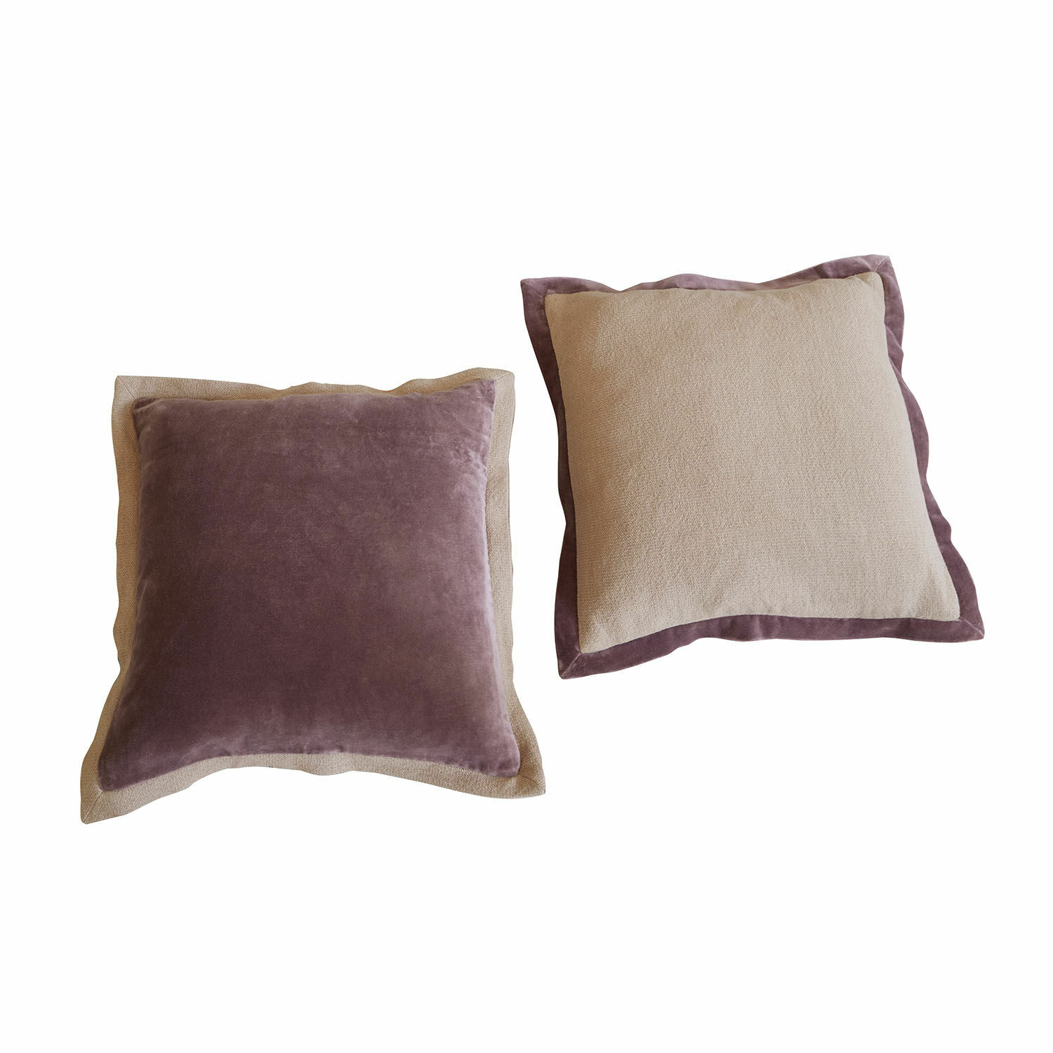 Set de 2 fundas de cojín Liréan Conjunto de dos cojines decorativos de terciopelo suave y tela en beige y violeta para salón