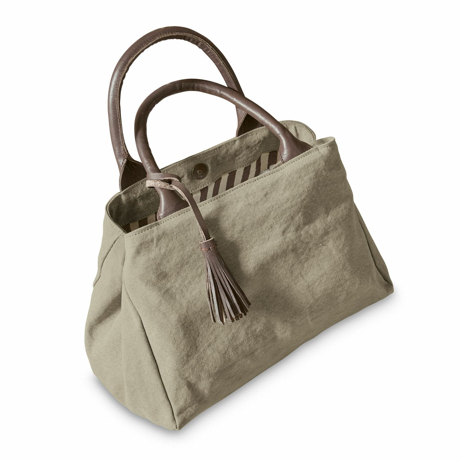 Bolso Hoya Bolso beige de tela con asas de cuero marrón y borla, accesorio moderno para uso diario