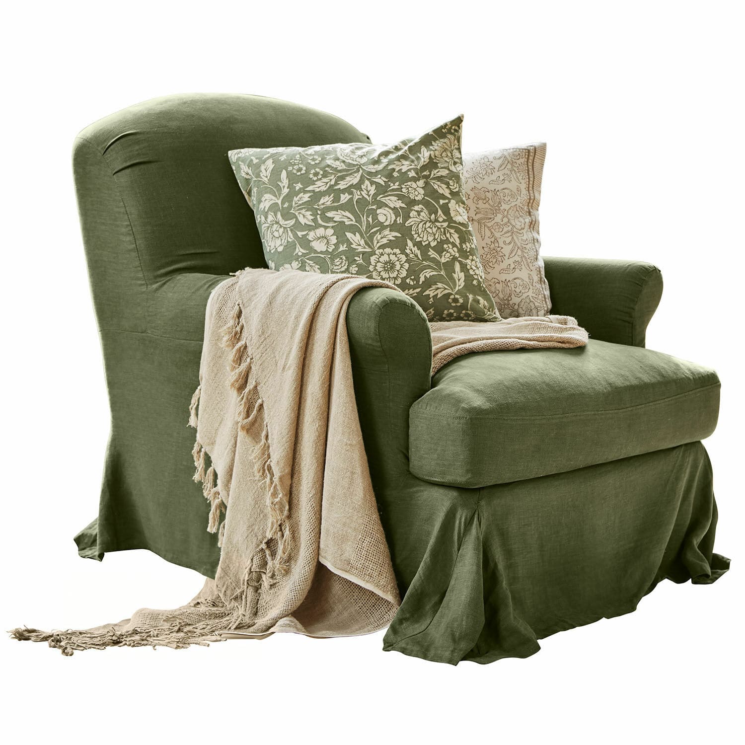 Sillón Vionnique Sillón verde de lino con funda, dos cojines decorativos y manta beige con flecos