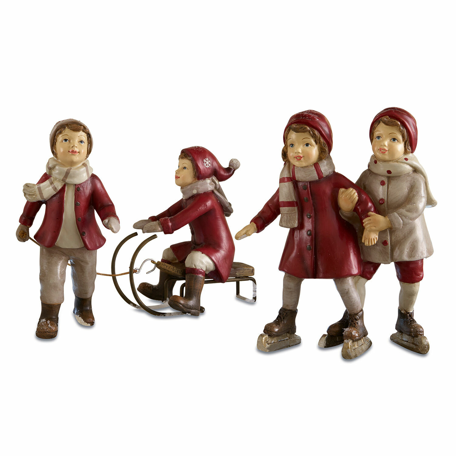 Figuras coloridas de niños con ropa de invierno en trineo y patines, decoración navideña