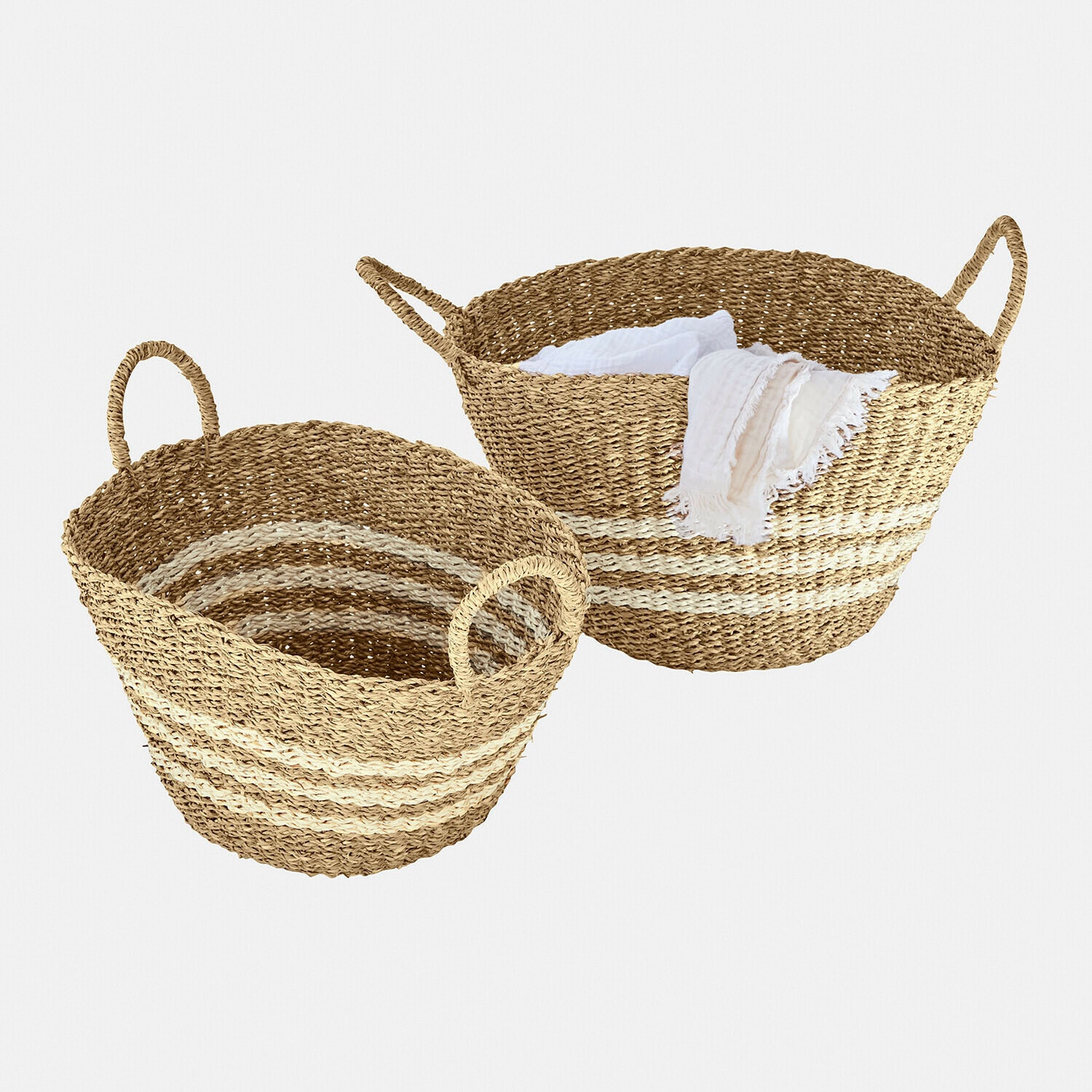 Conjunto de dos cestas redondas de hierba marina natural con rayas blancas, para almacenamiento práctico