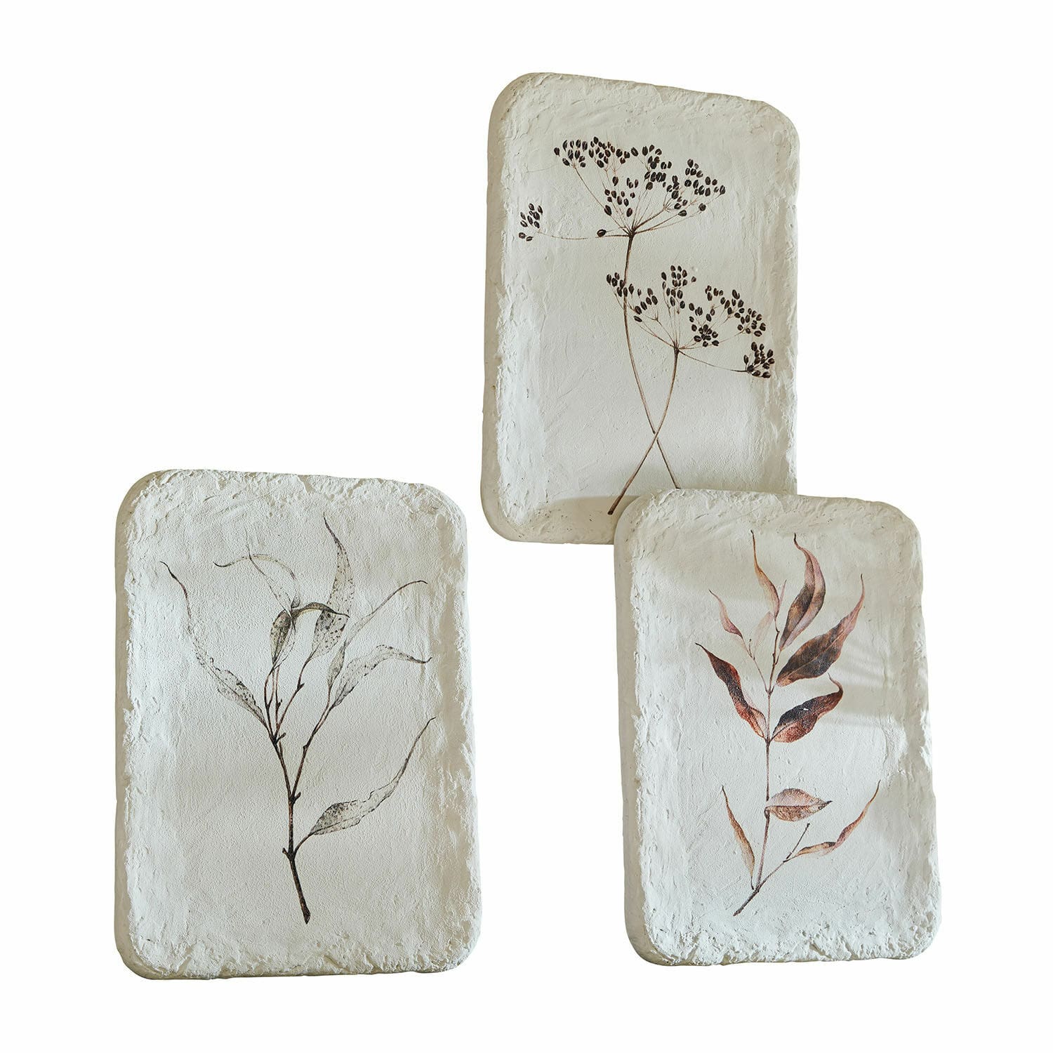 Set de 3 cuadros Hillsdale Conjunto de tres bandejas de cerámica blanca con motivos de plantas secas, decoración natural