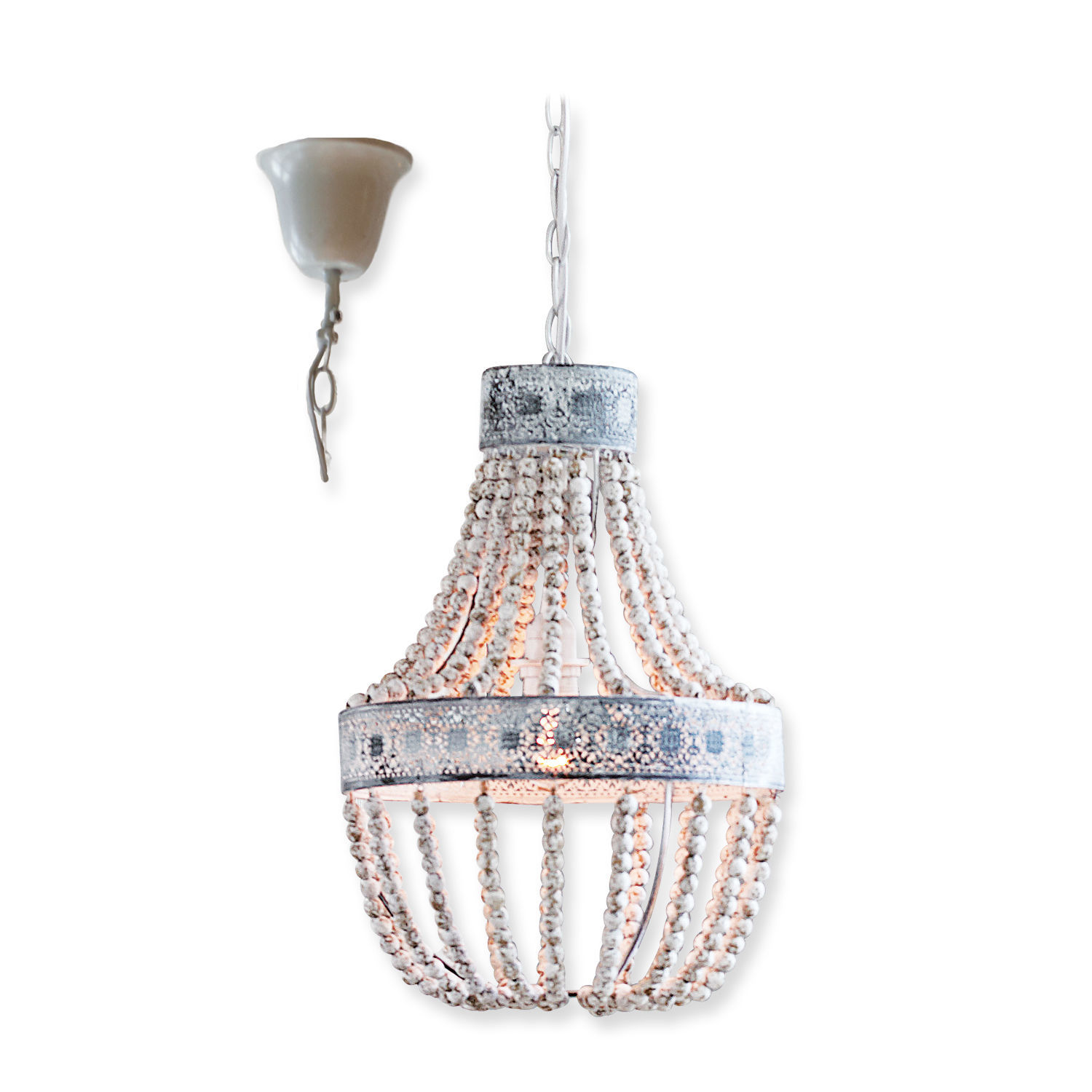 Lámpara colgante Valcourt Lámpara colgante de cuentas de madera blancas con detalles metálicos estilo vintage para decoración