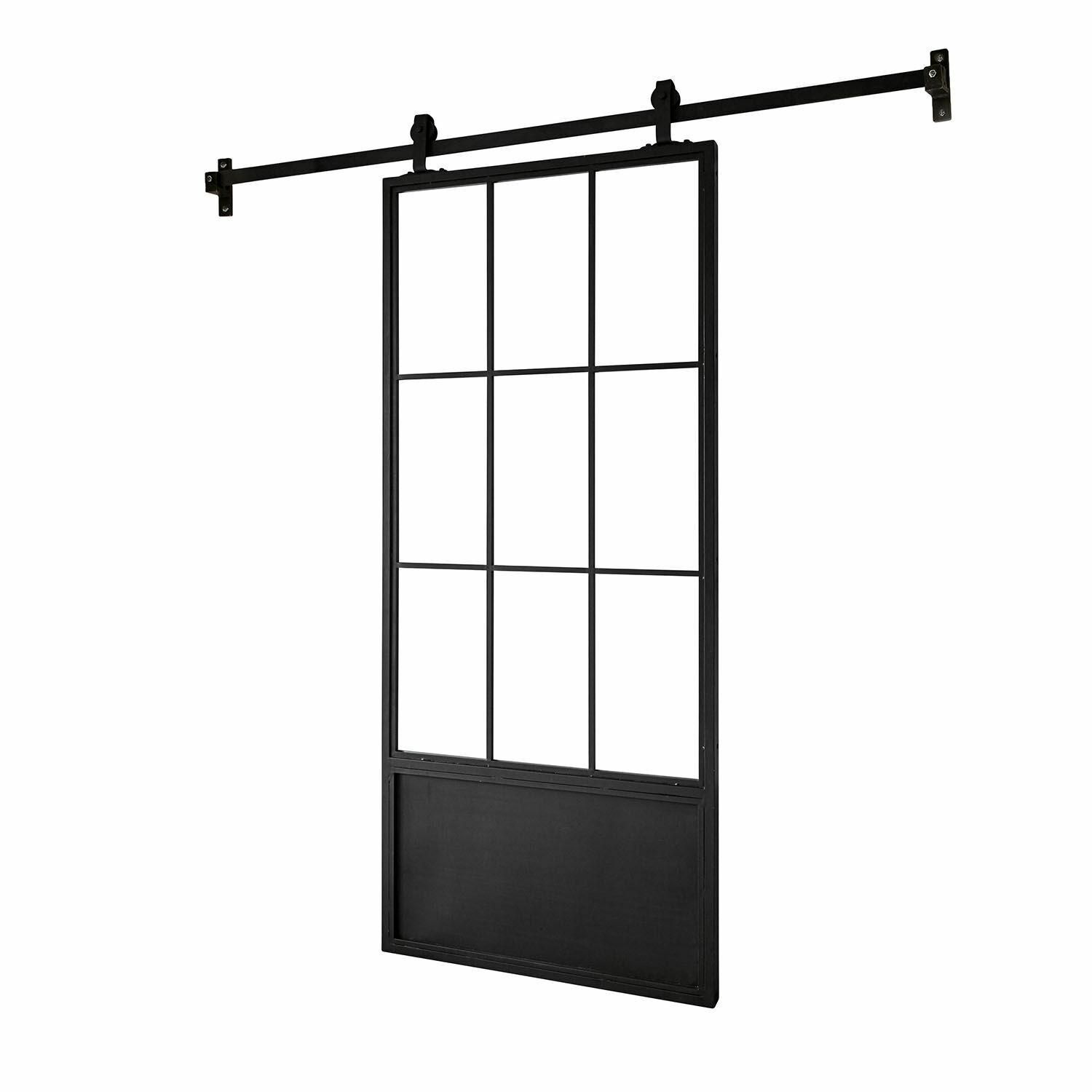 Puerta corredera Luisant Puerta corredera negra de metal con marco cuadriculado, diseño industrial moderno para interiores