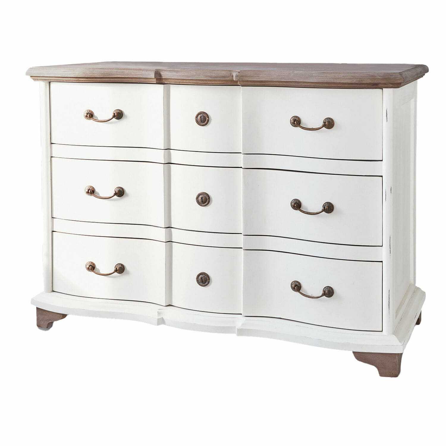 Cómoda Aiguillon Cómoda de madera blanca con tapa marrón y tiradores metálicos, mueble de almacenamiento para salón