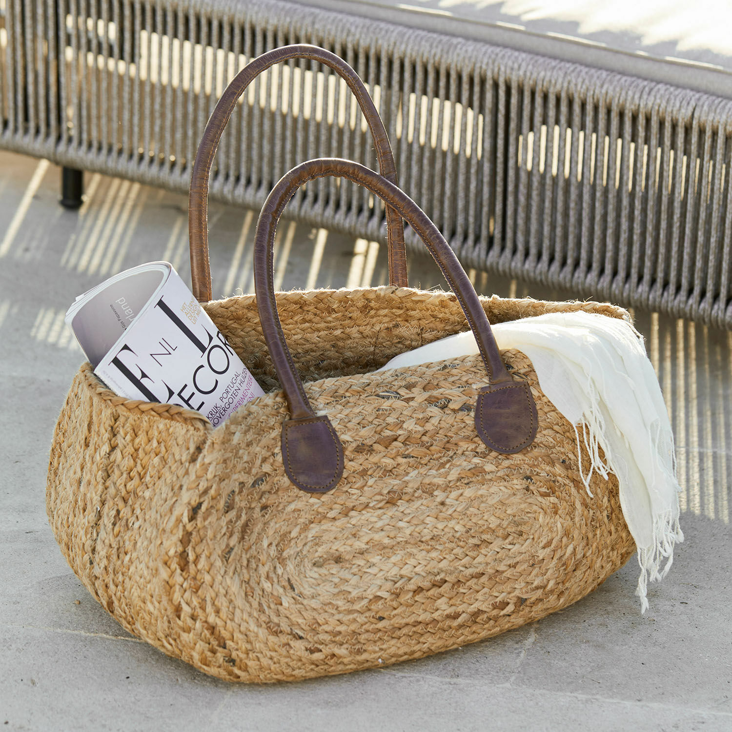 Bolso Gravesend Bolsa de yute trenzado con asas de cuero marrón, color natural, bolso de compras elegante