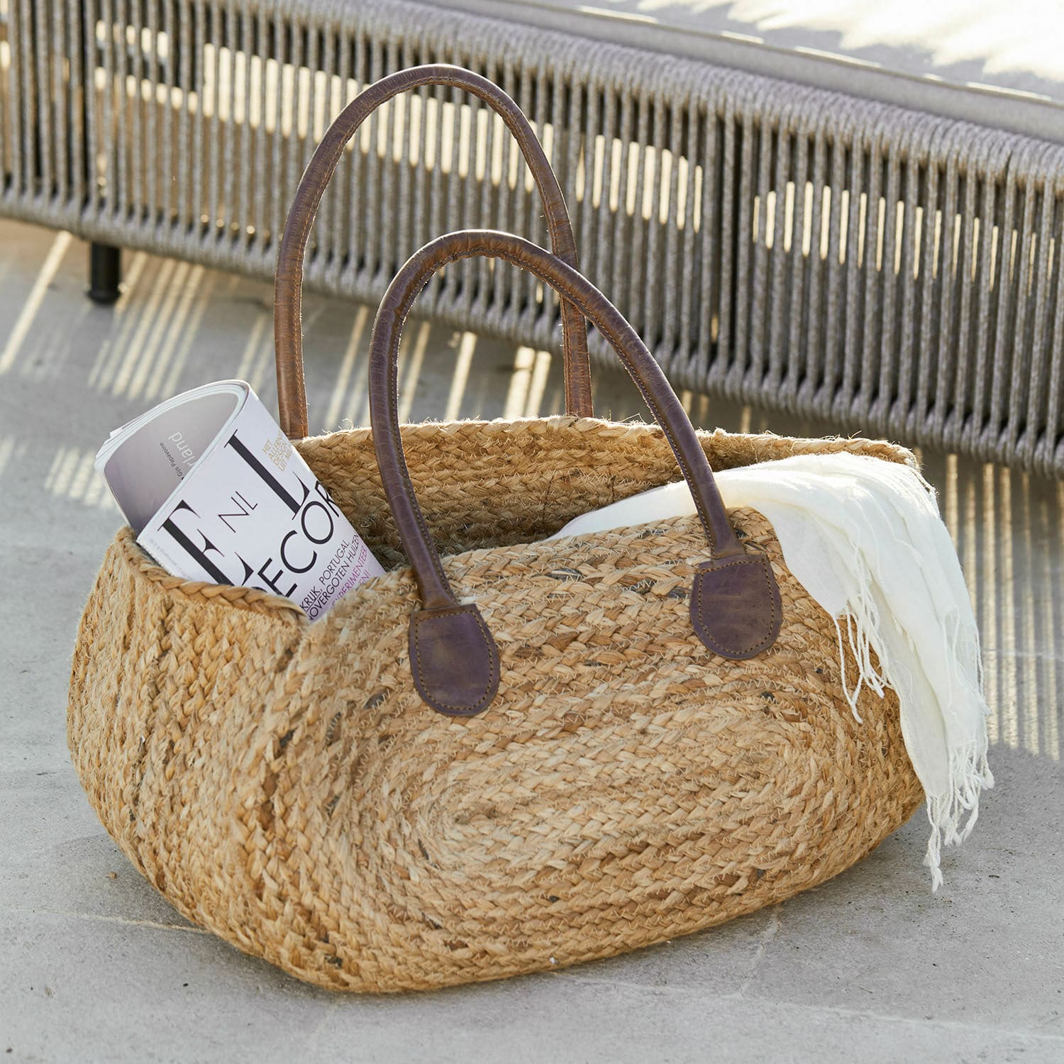 Bolso Gravesend Bolsa de yute trenzado con asas de cuero marrón, color natural, bolso de compras elegante