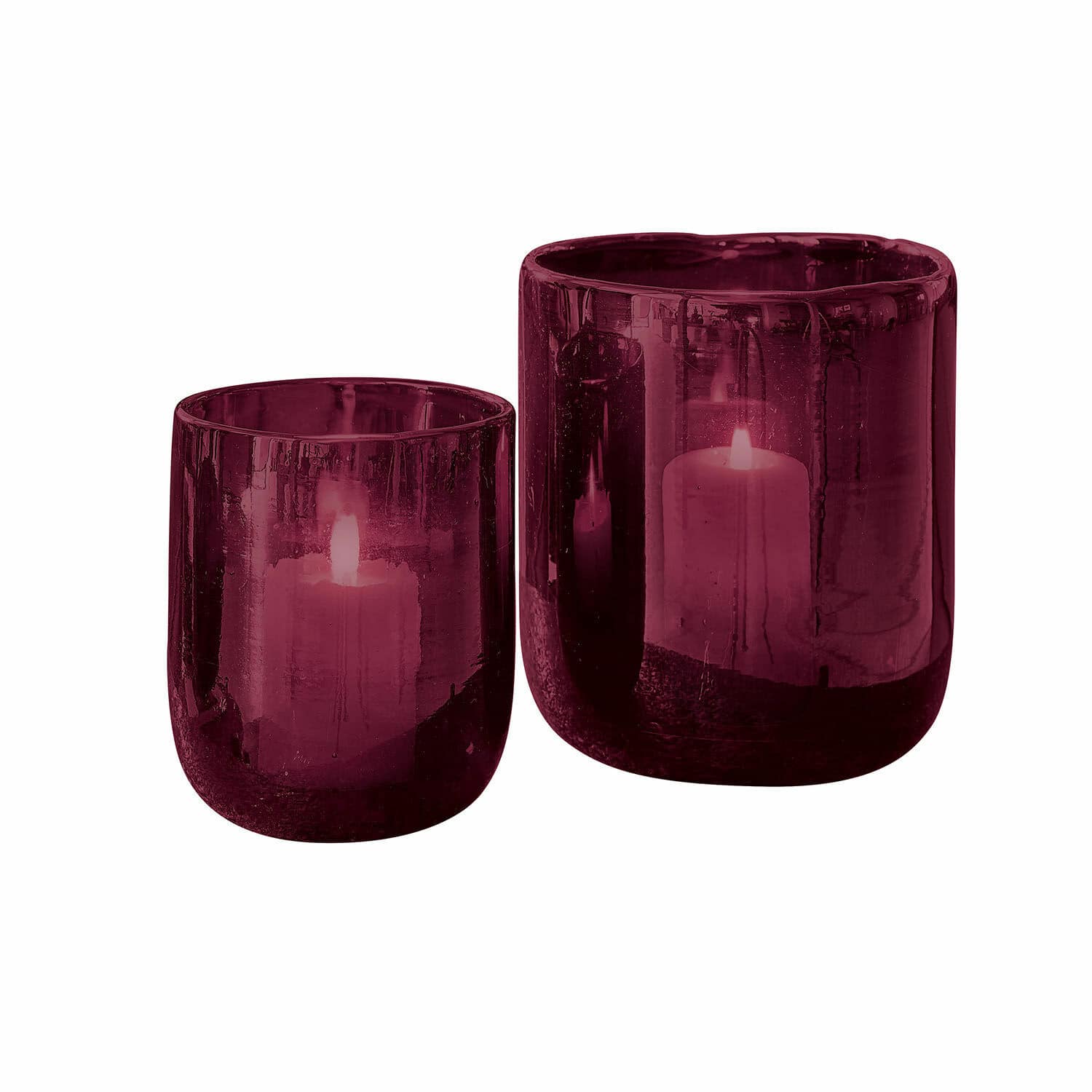 Set de 2 farolillos Theodor Conjunto de dos portavelas de vidrio burdeos con velas encendidas para decoración interior