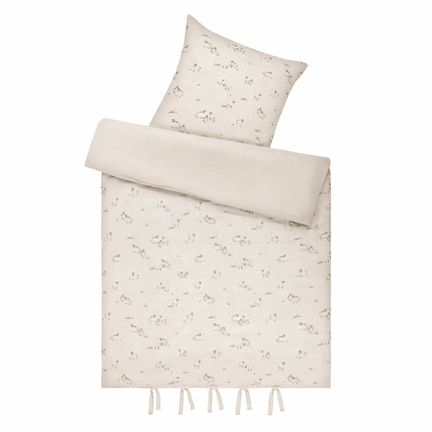 Ropa de cama Erianna Ropa de cama de lino color beige claro con diseño sutil de ovejas y lazos en la parte inferior, tejido natural