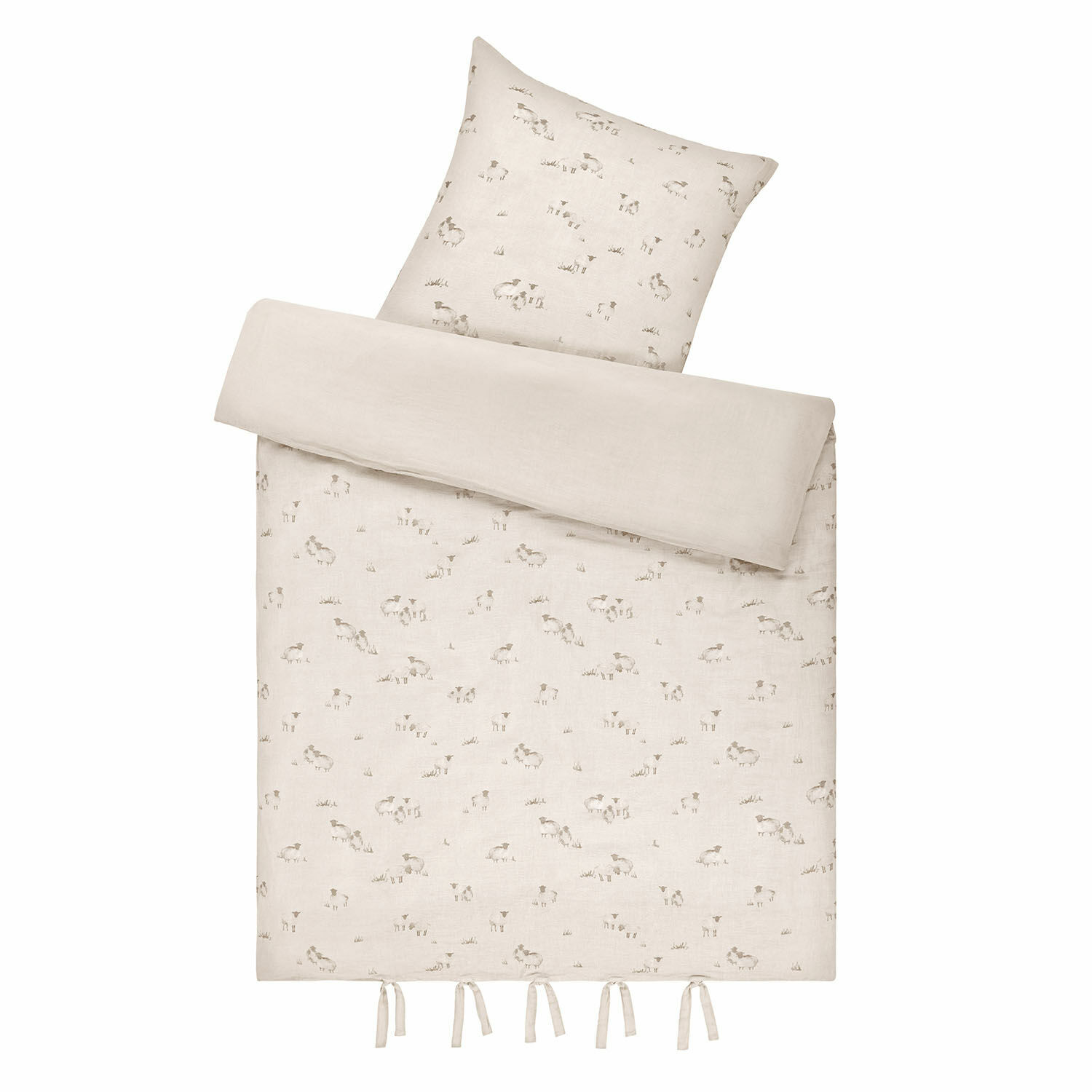 Ropa de cama Erianna Ropa de cama de lino color beige claro con diseño sutil de ovejas y lazos en la parte inferior, tejido natural