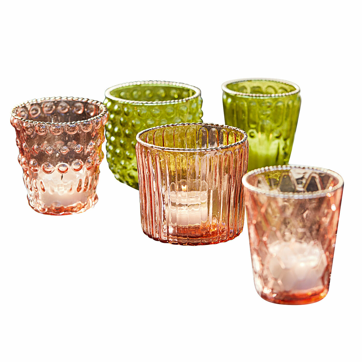 verde/rosa Set de 5 portavelas Jarnac de vidrio en verde y rosa para decoración del hogar