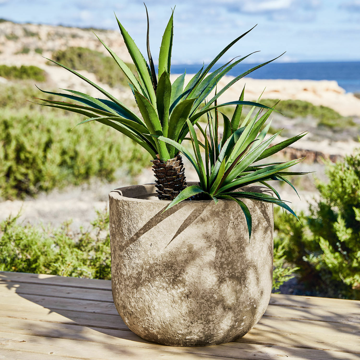 Jardinera Ela Maceta grande de hormigón gris con plantas verdes en terraza con vista al mar
