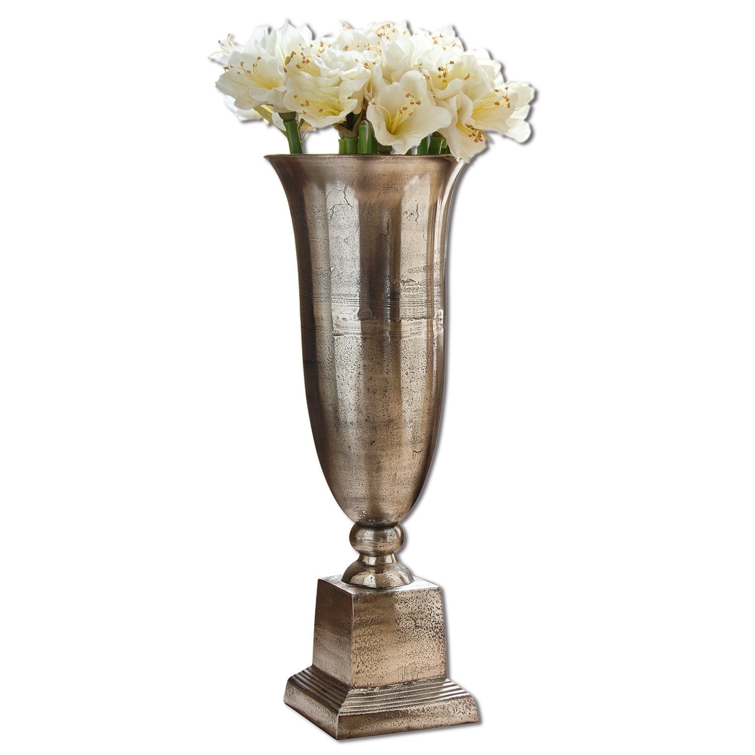 Jarrón de suelo Belfort Jarrón alto de metal plateado con flores blancas para decoración interior elegante