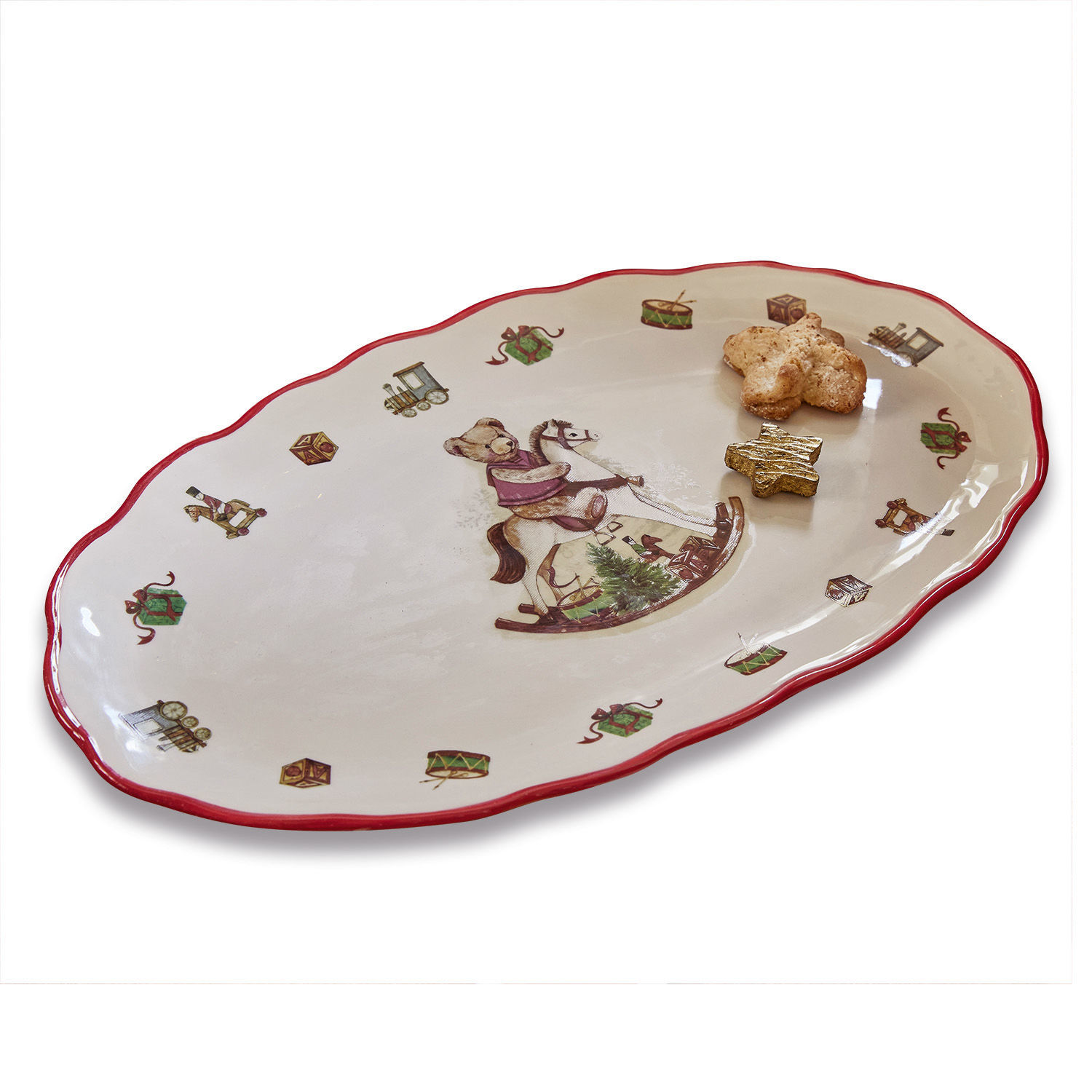 Bandeja Troms Bandeja ovalada de cerámica con borde rojo y diseño navideño de oso en caballo mecedor