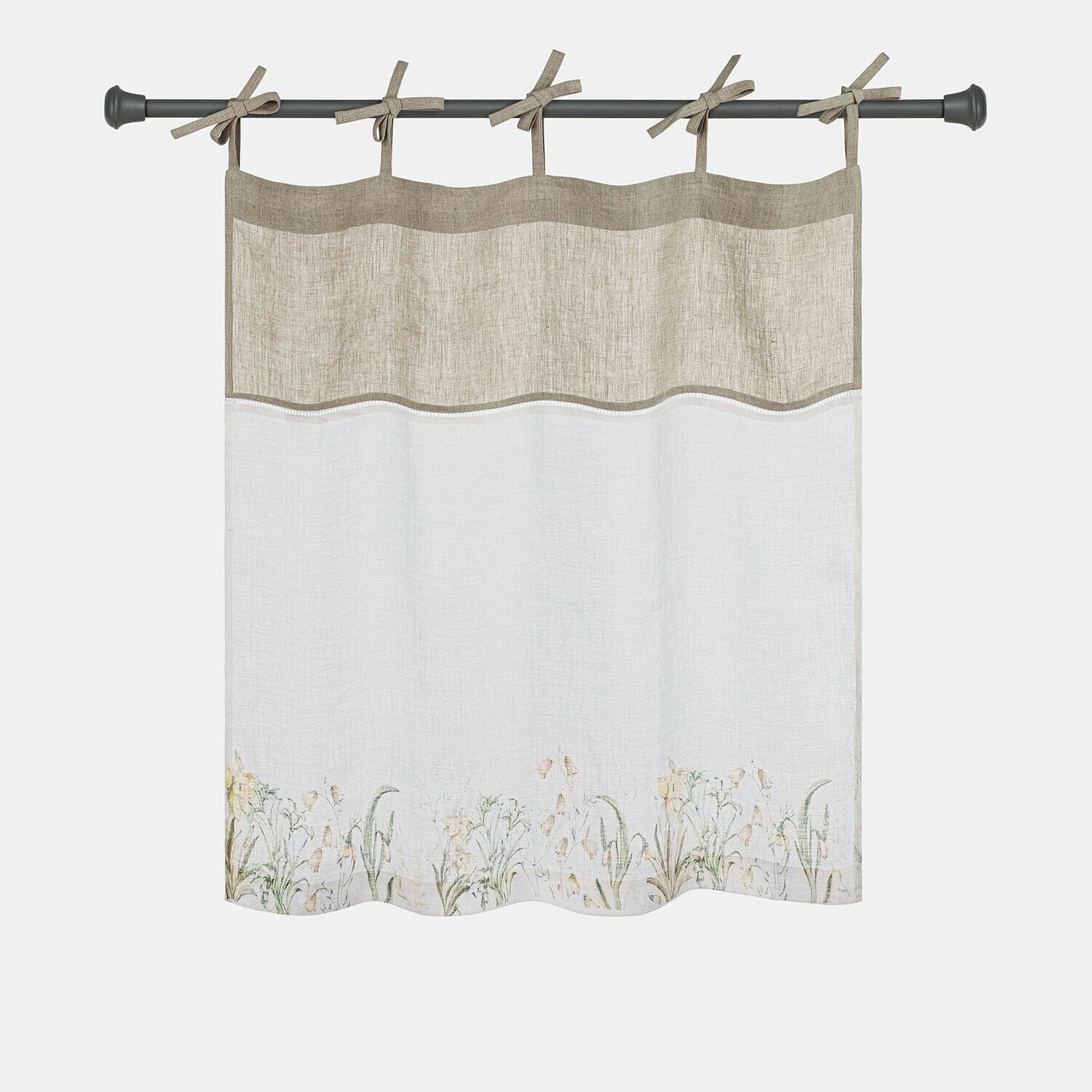 Visillo Lozere Cortina de lino beige con estampado floral y lazos para colgar en barra de cortina