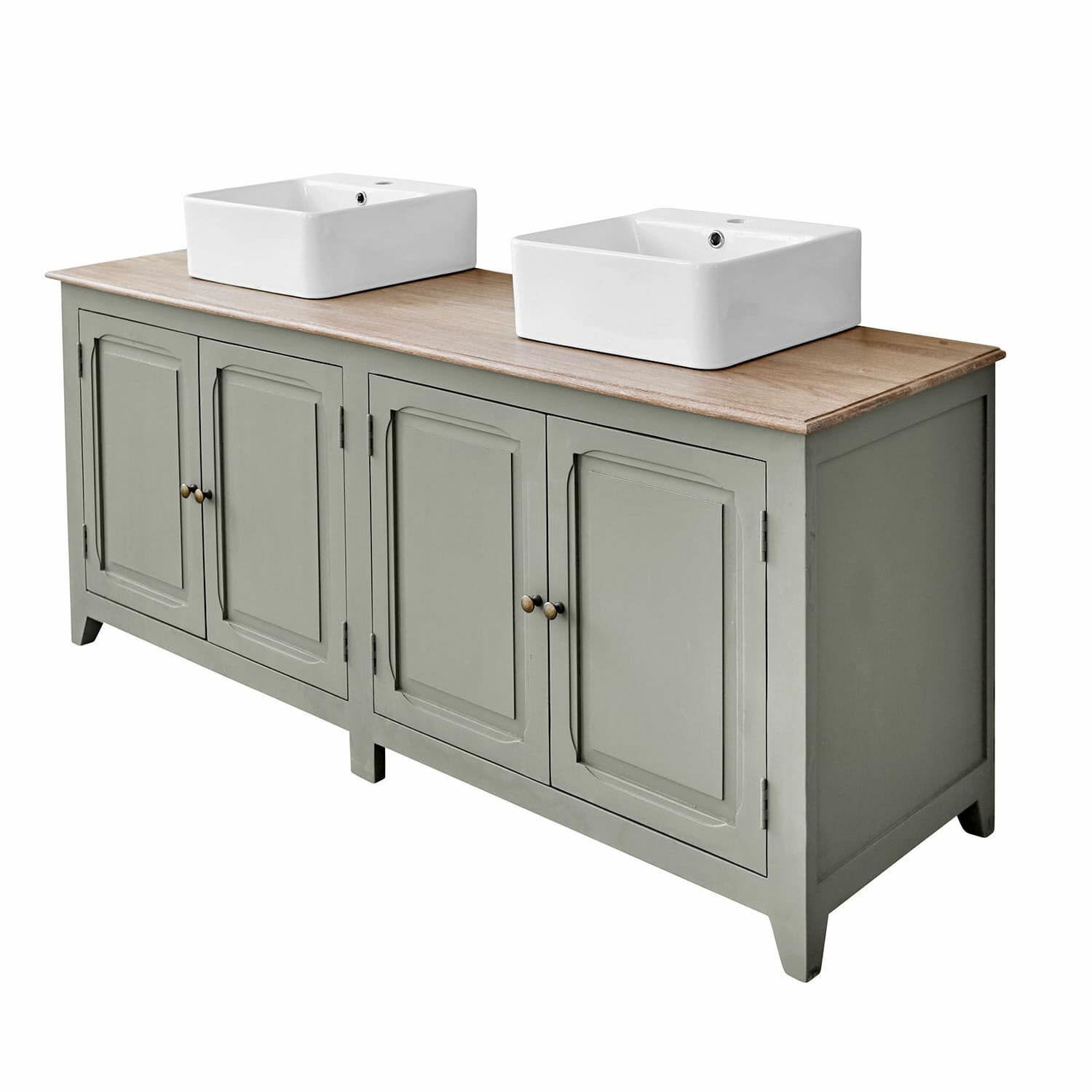Mueble de baño con 2 lavabos Bastanès Mueble de baño verde de madera con dos lavabos blancos de cerámica y encimera de madera clara