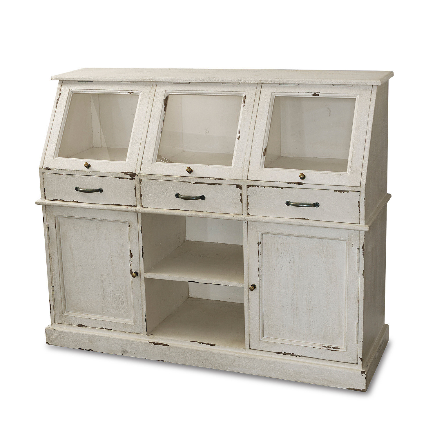 Cómoda Bolquère Aparador de madera blanca con puertas de cristal y cajones estilo vintage para almacenamiento