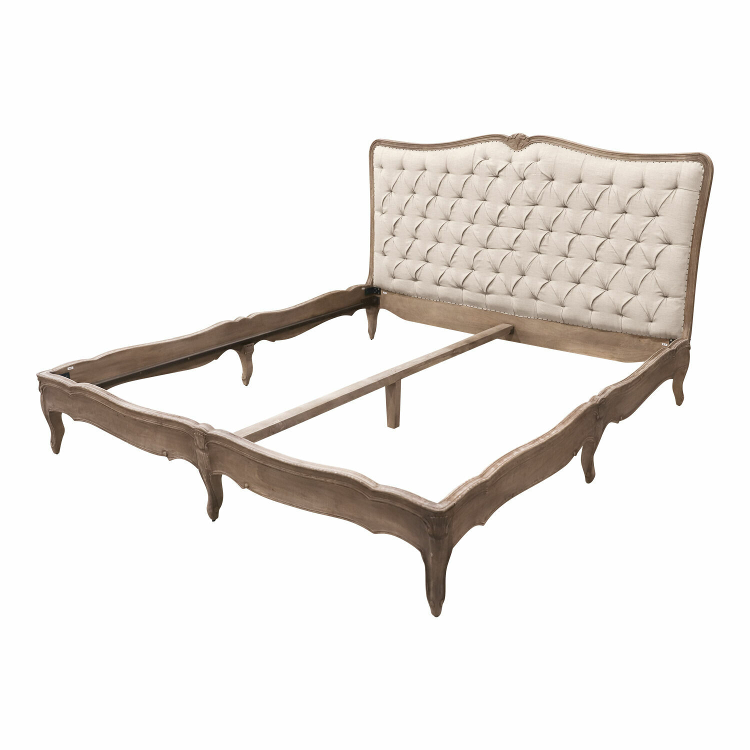 lino/marrón Cama Declaire en marrón antiguo con cabecero tapizado beige de tela y estructura de madera