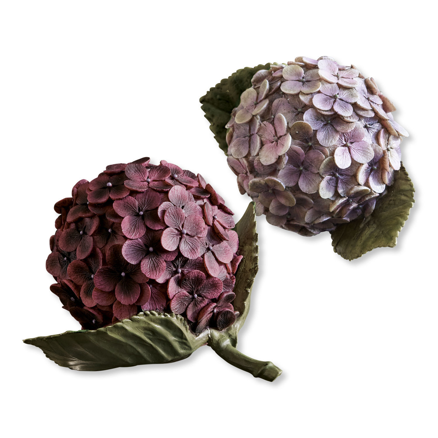 Set de 2 flores decorativas Hortensie Hortensias decorativas en tonos rosa y violeta con hojas verdes sobre fondo blanco