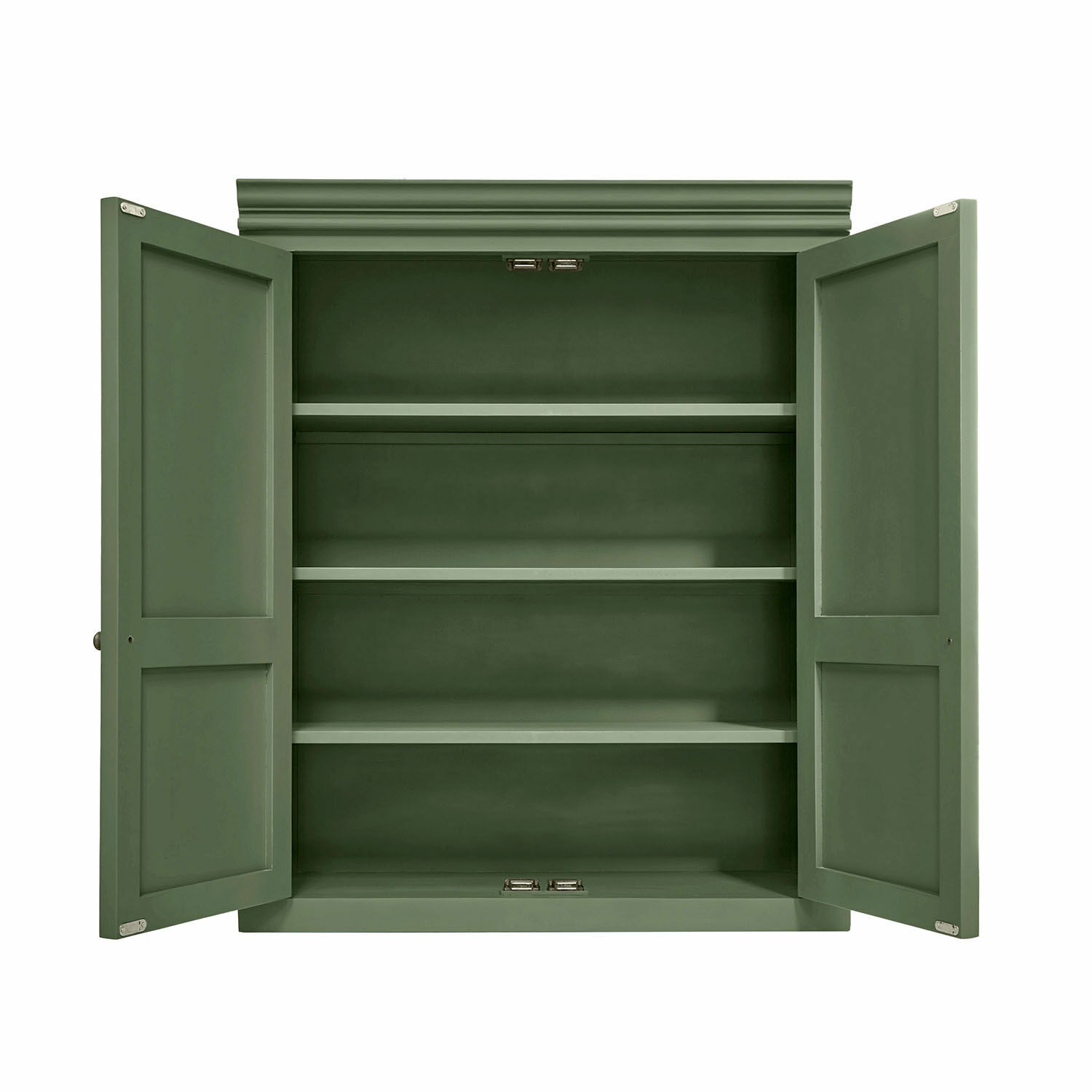 Mueble alto de cocina Lansbury Armario verde de madera con tres estantes y puertas abiertas para almacenamiento