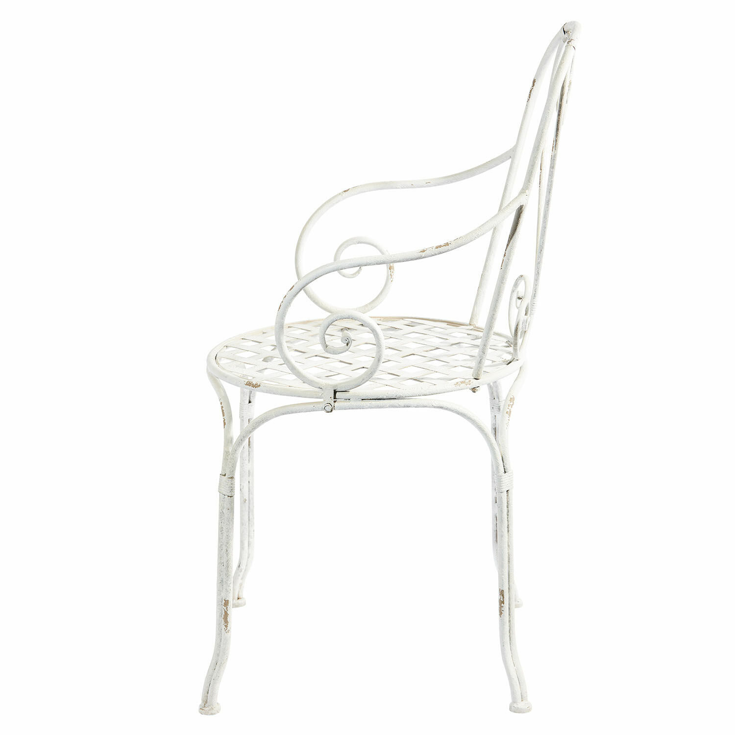 blanco envejecido Silla Aube de metal en blanco antiguo con reposabrazos curvos y asiento calado decorativo