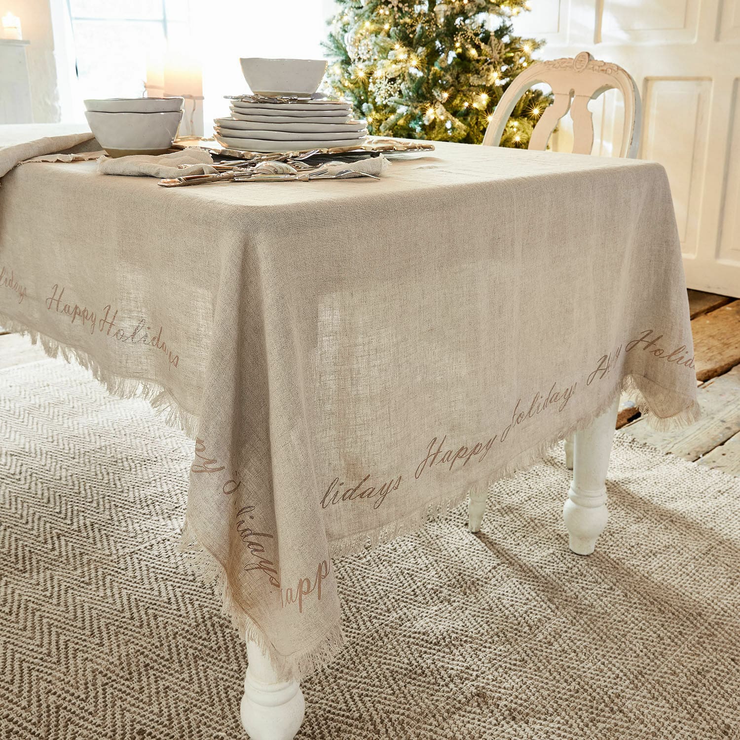 Mantel Emilia Mantel de lino color natural con texto Happy Holidays, decoración festiva de mesa