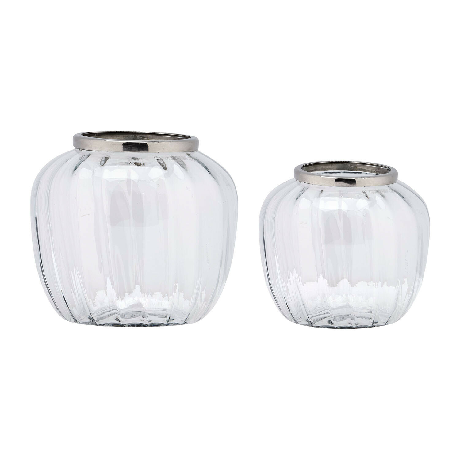 Set de 2 portavelas Fioren Conjunto de dos portavelas de vidrio transparente con bordes metálicos plateados