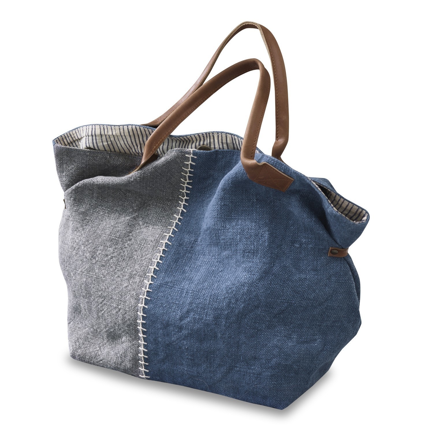 Bolso Deux-Parts Bolso de tela azul y gris con asas marrones de cuero sintético, espacioso y casual
