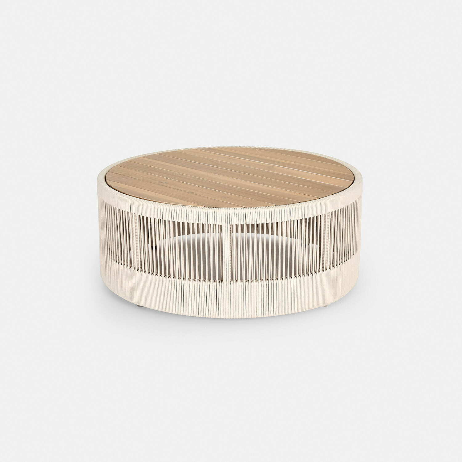 Mesa de centro Delor Mesa de centro redonda con tapa de madera y estructura blanca trenzada de material sintético