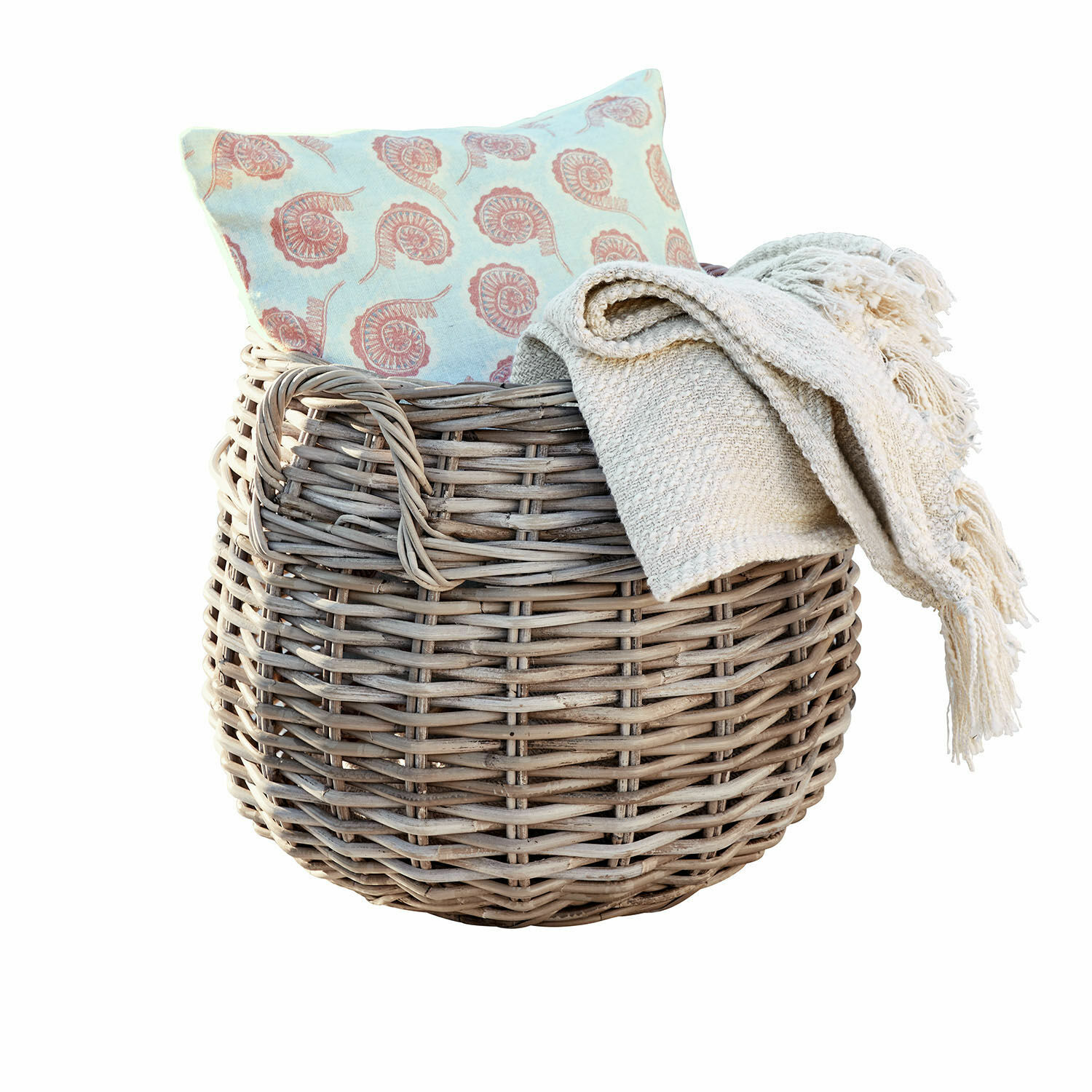 Cesta Nivoxe Cesta redonda de mimbre gris con cojín y manta crema para almacenamiento y decoración