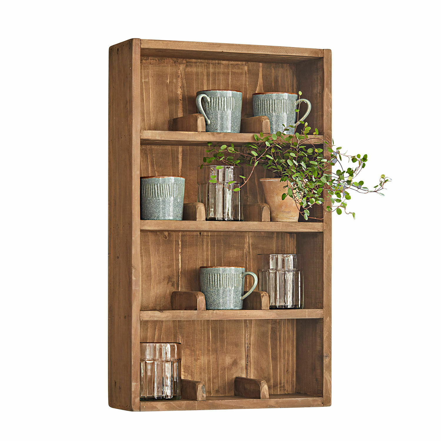 Estantería de pared Sunnybrook Estante de pared de madera natural con tazas de cerámica y vasos para cocina rústica