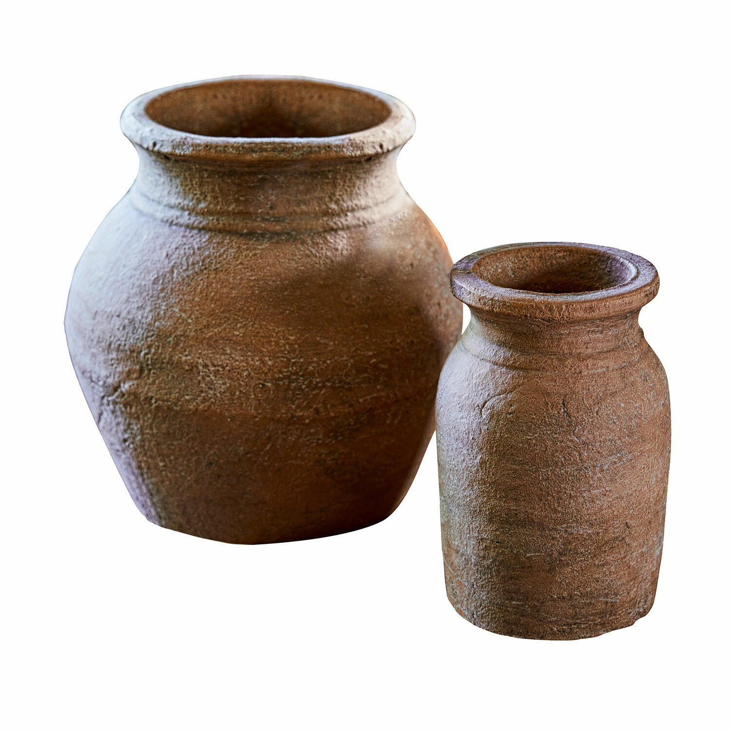 marrón envejecido Conjunto de dos jarrones de cerámica marrón antiguo con textura rústica para decoración interior