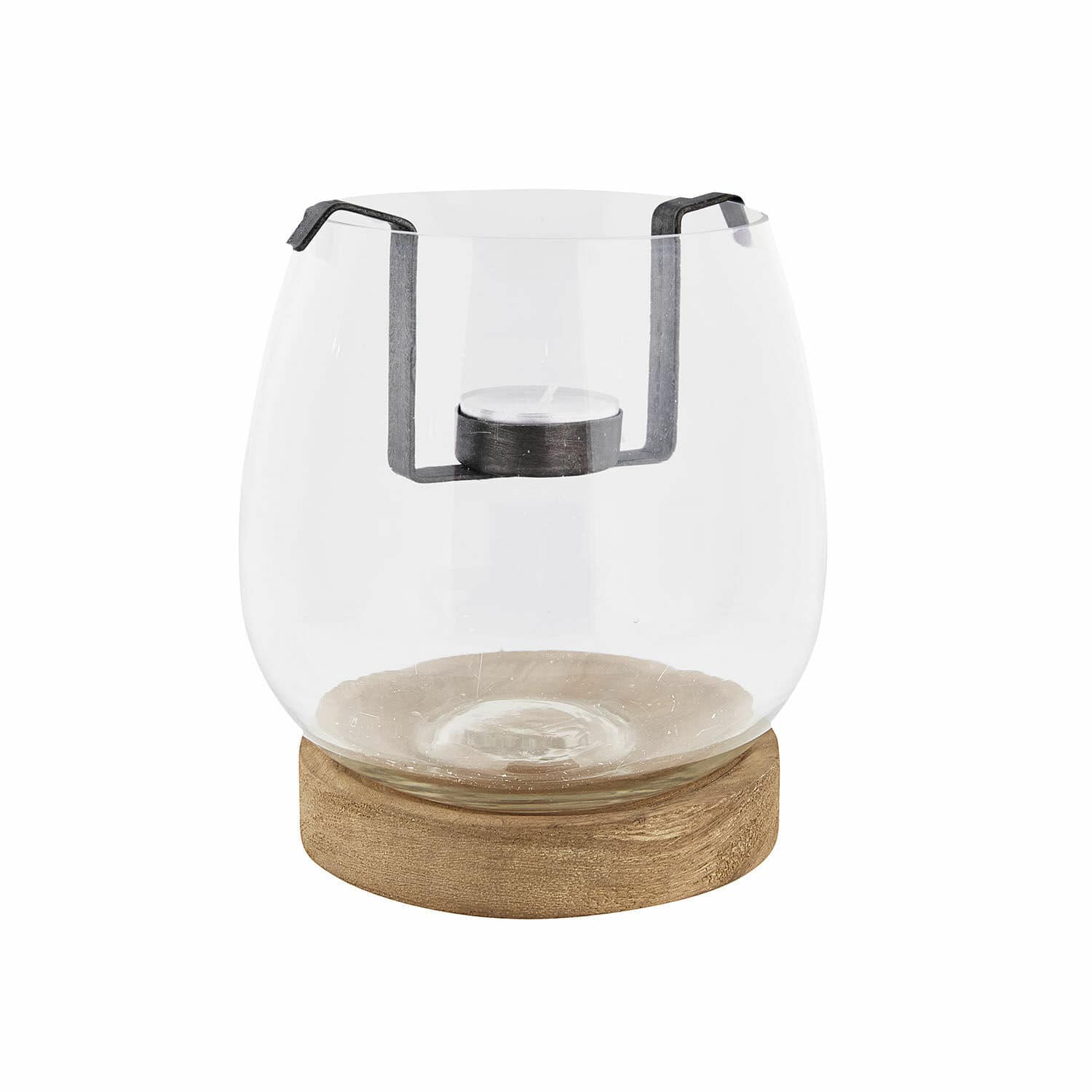 Farol Talcanne de vidrio transparente con base de madera marrón y soporte metálico para vela tealight