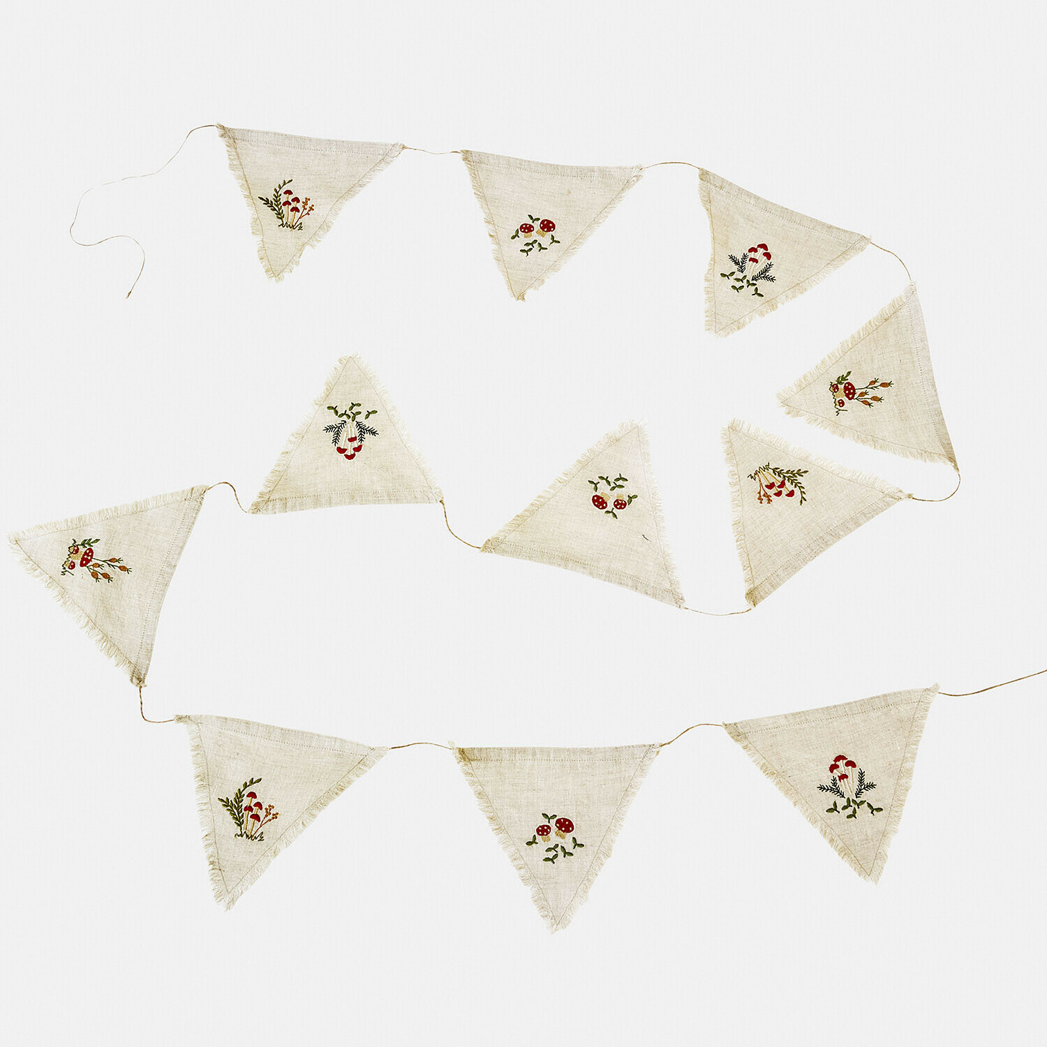 Guirnalda de banderines Hoplet Guirnalda de lino natural con motivos bordados en rojo y verde, decoración festiva rústica