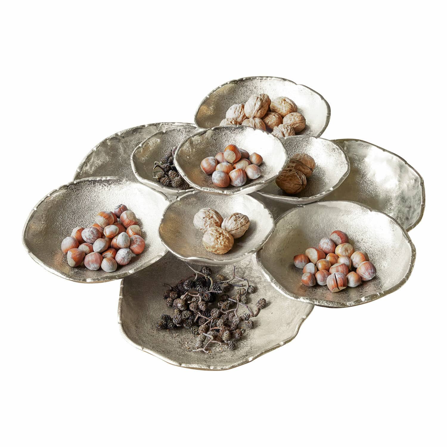 Tazón Gibril Bandeja decorativa de metal plateado con varios cuencos con nueces y frutos secos