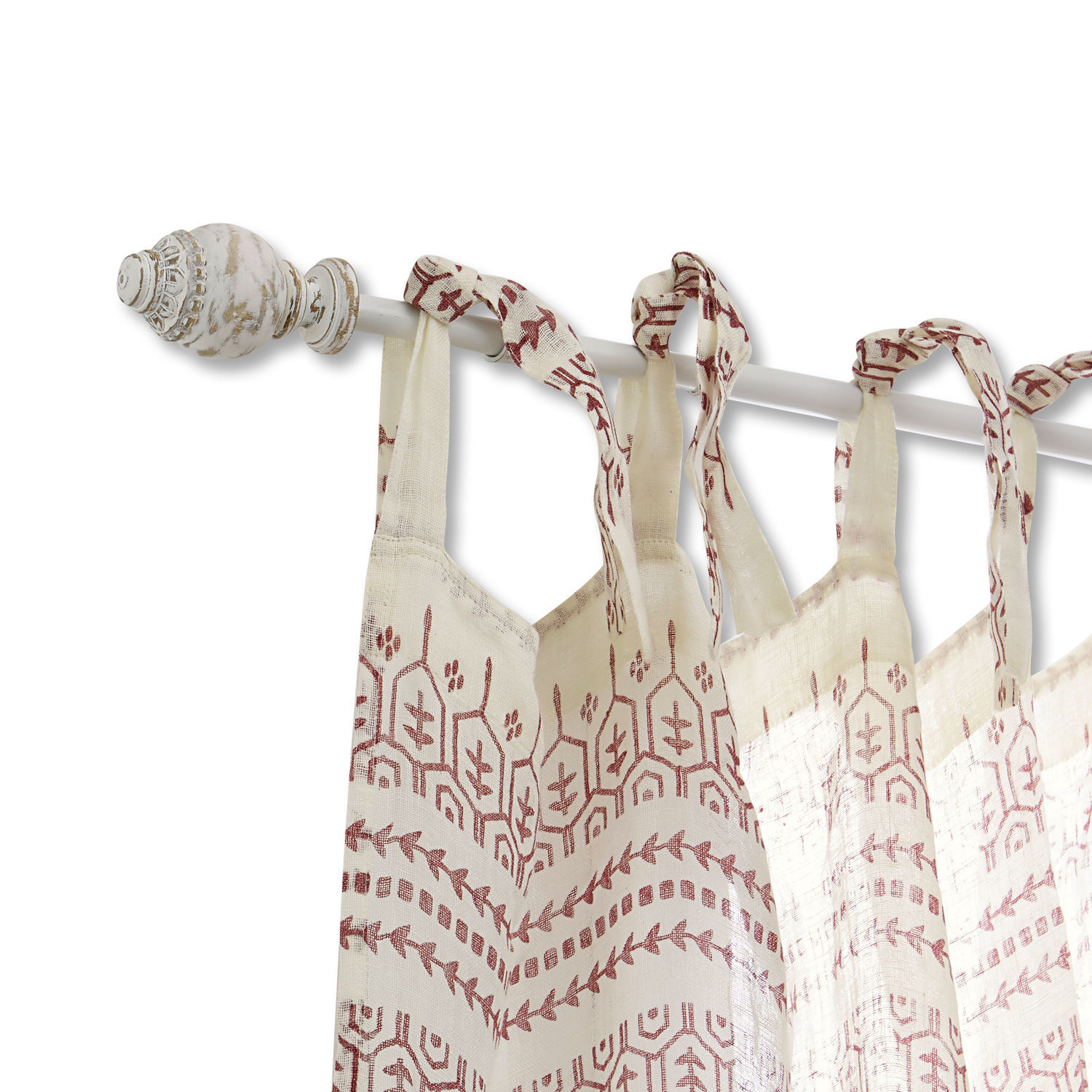 Barra de cortina Trangé Cortina de algodón crema con diseño burdeos colgada en barra blanca con remate decorativo
