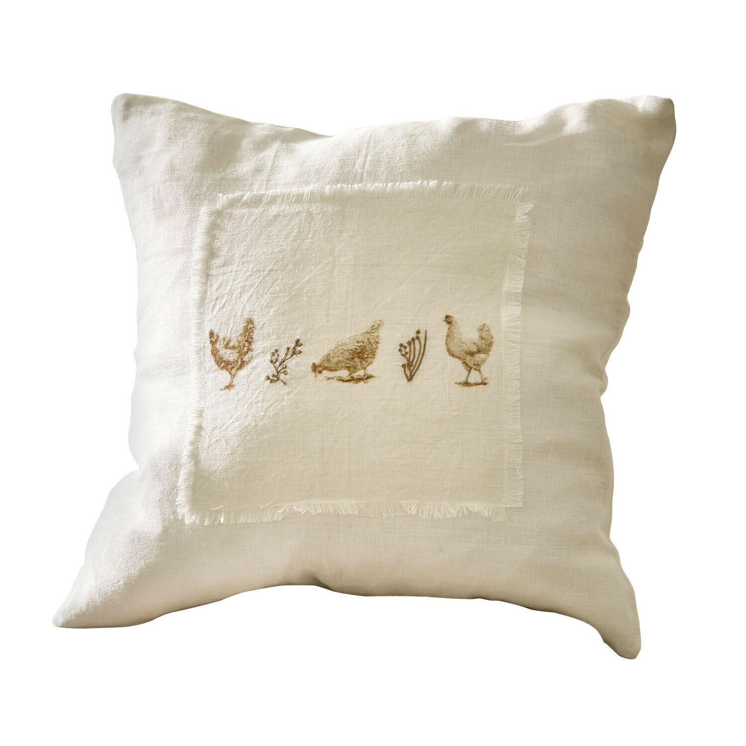 Funda de cojín Chavéreau Cojín beige de lino con estampado de gallinas y plantas, funda decorativa para salón o dormitorio