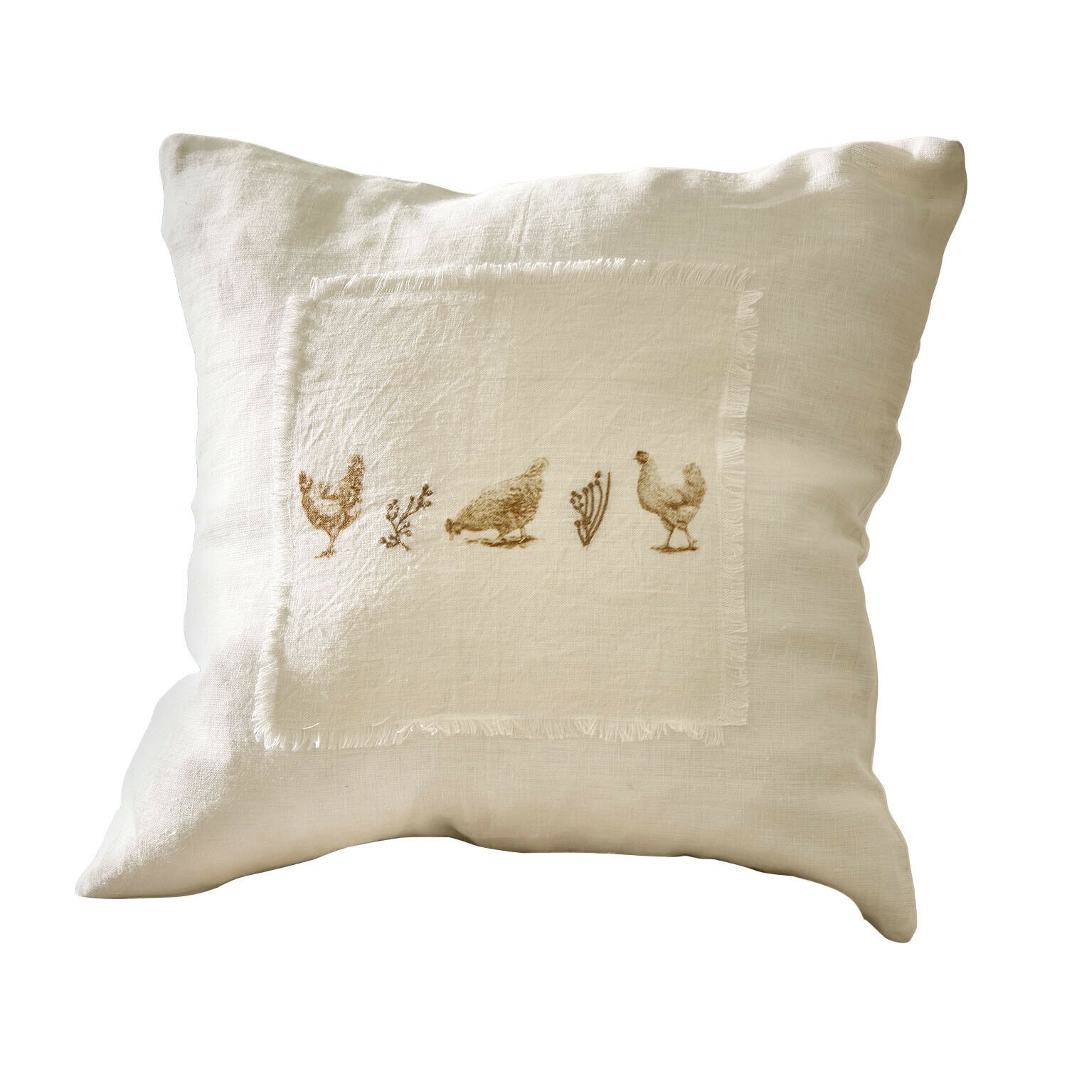 Funda de cojín Chavéreau Cojín beige de lino con estampado de gallinas y plantas, funda decorativa para salón o dormitorio