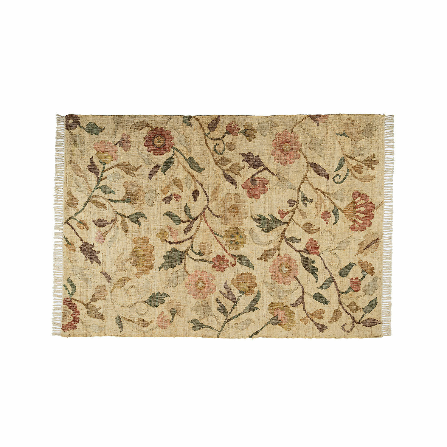 Alfombra Théranelle Alfombra beige de material natural con diseño floral y flecos en los bordes para decoración