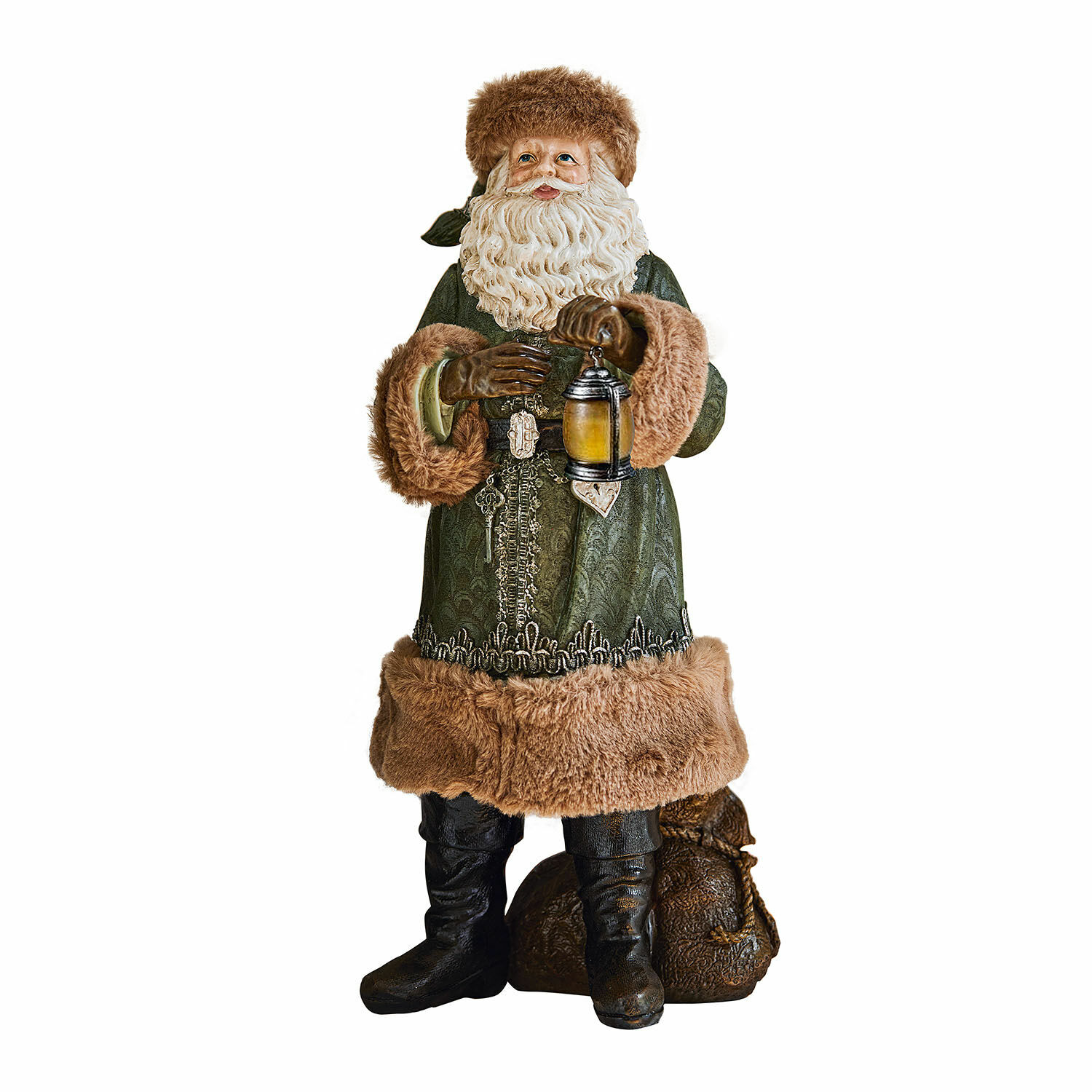 Papá Noel decorativo Eddi Figura de Papá Noel con abrigo verde y detalles de piel, sostiene una linterna, decoración navideña