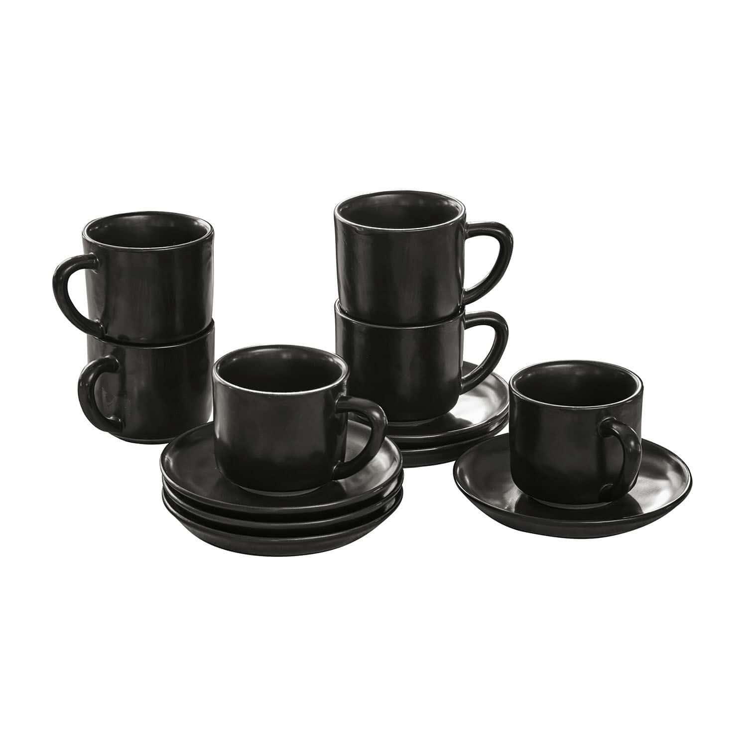Set de 6 tazas y platillos Biarré Juego de tazas y platos de cerámica negra para café, diseño moderno para cocina